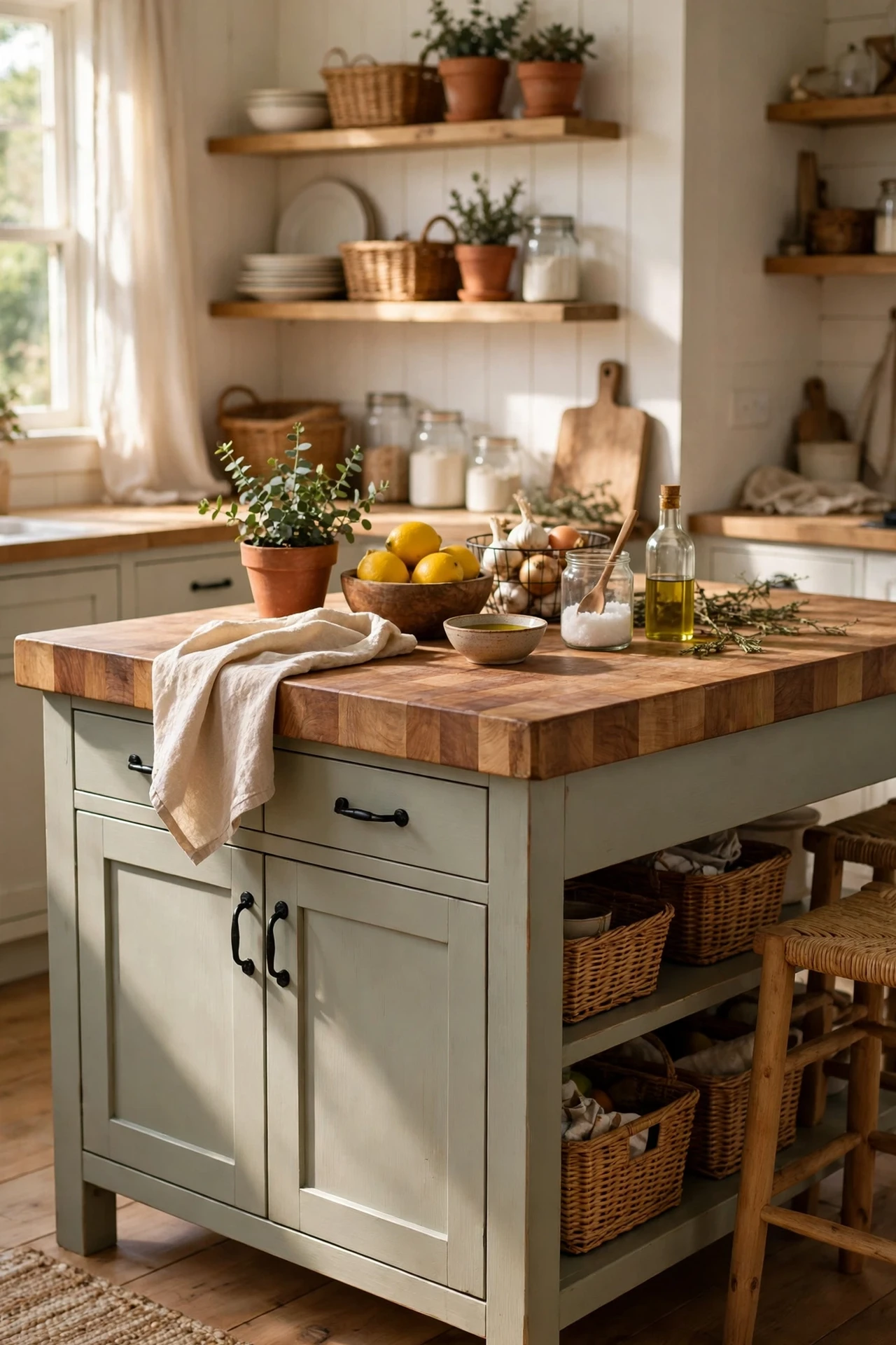 Butcher block worktop island in a warm rustic kitchen