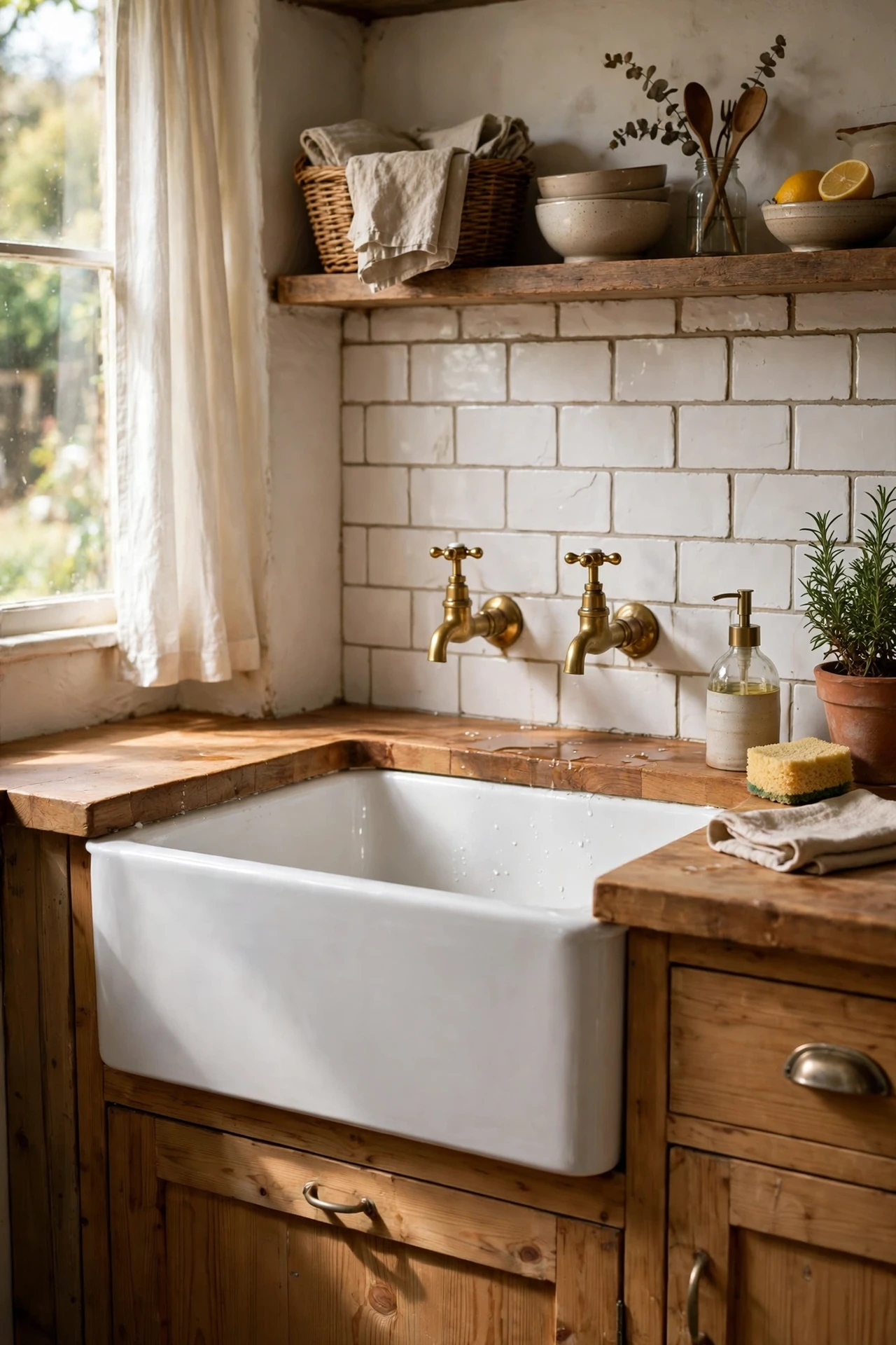 White farmhouse Belfast sink in a rustic country kitchen
