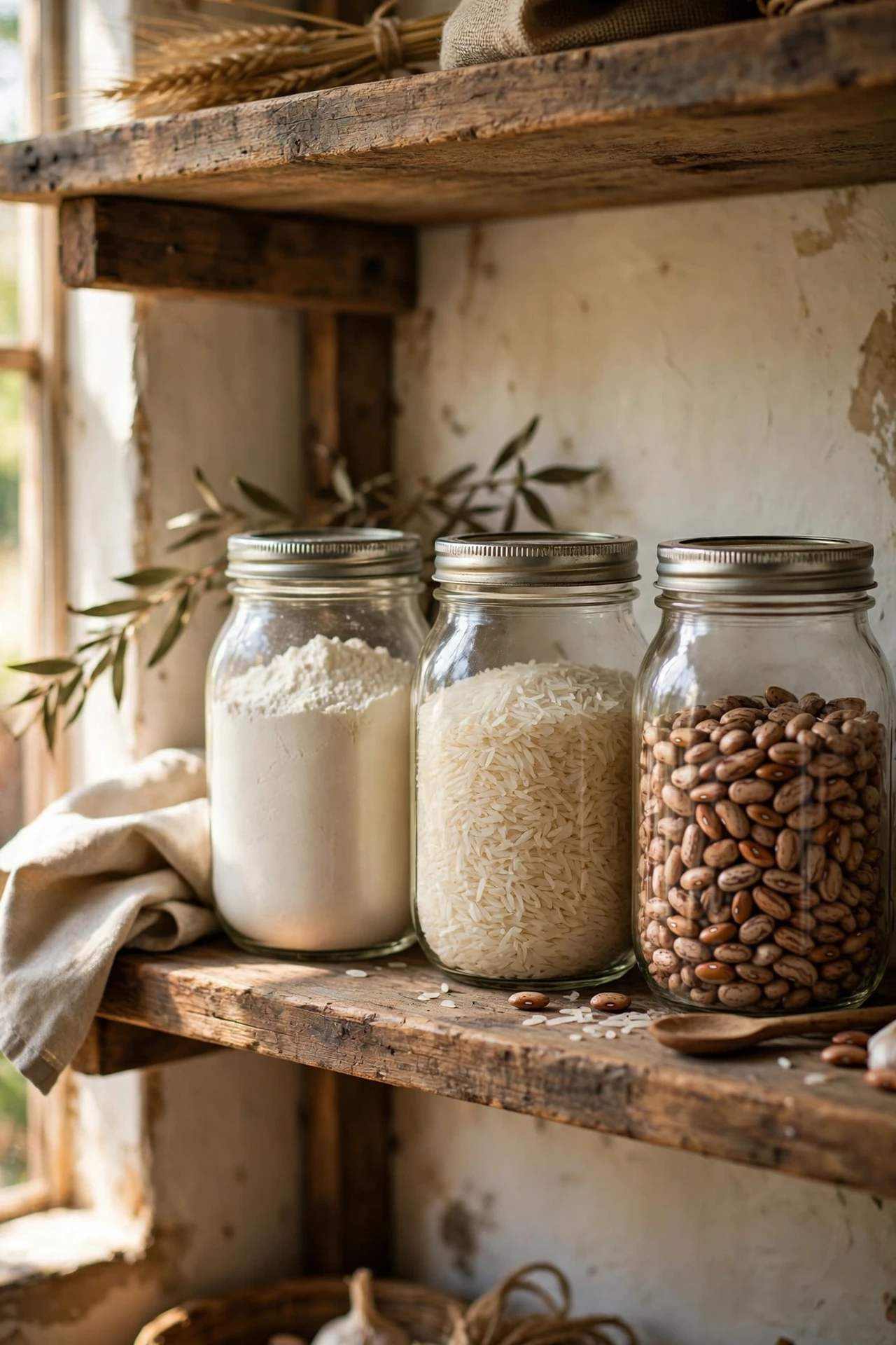 Mason jars filled with dry goods on rustic pantry shelves
