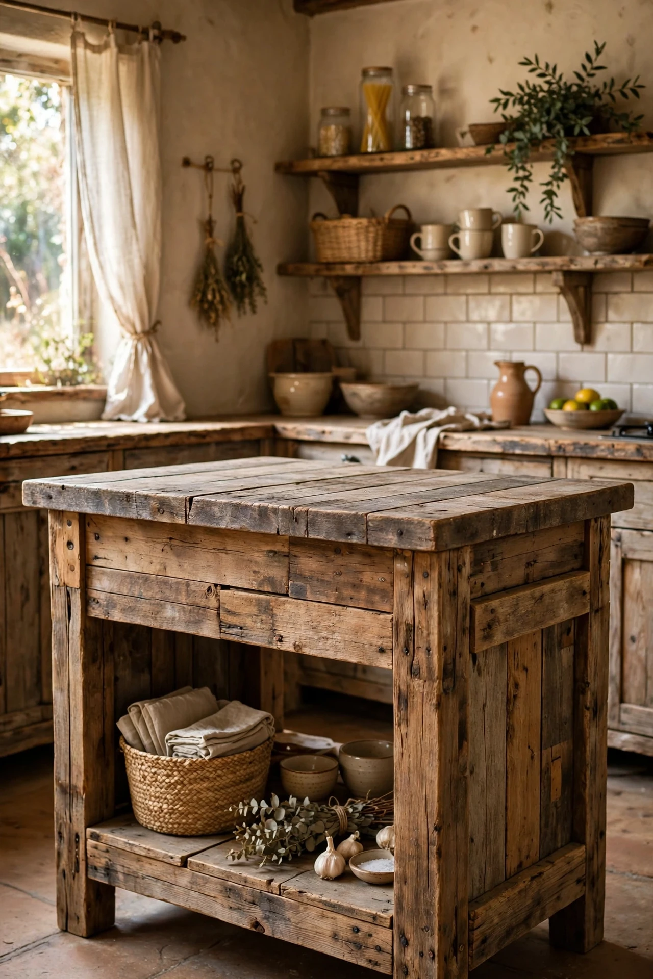 Reclaimed wood kitchen island with scaffold board top