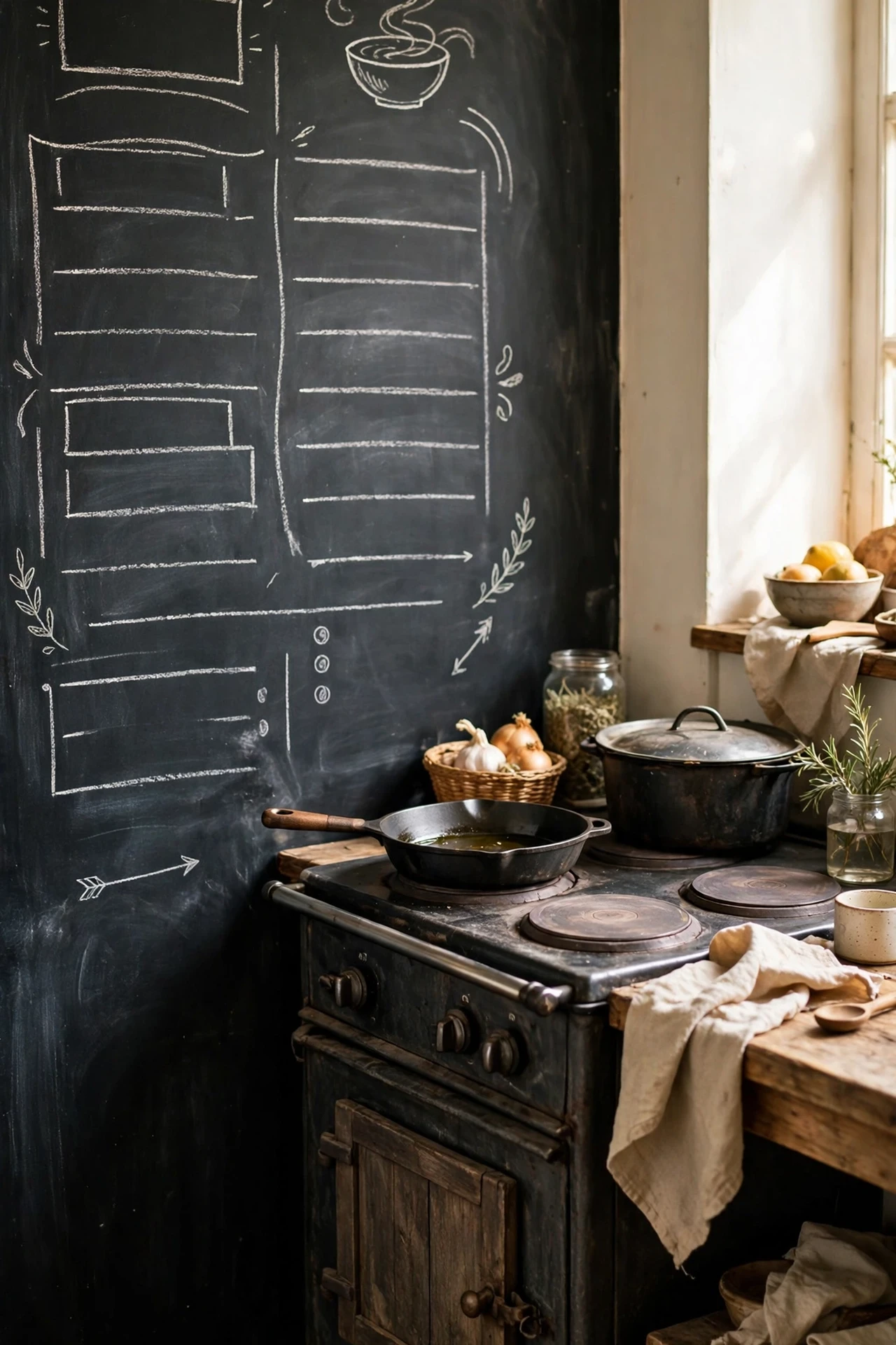 Chalkboard menu wall beside a rustic kitchen cooker