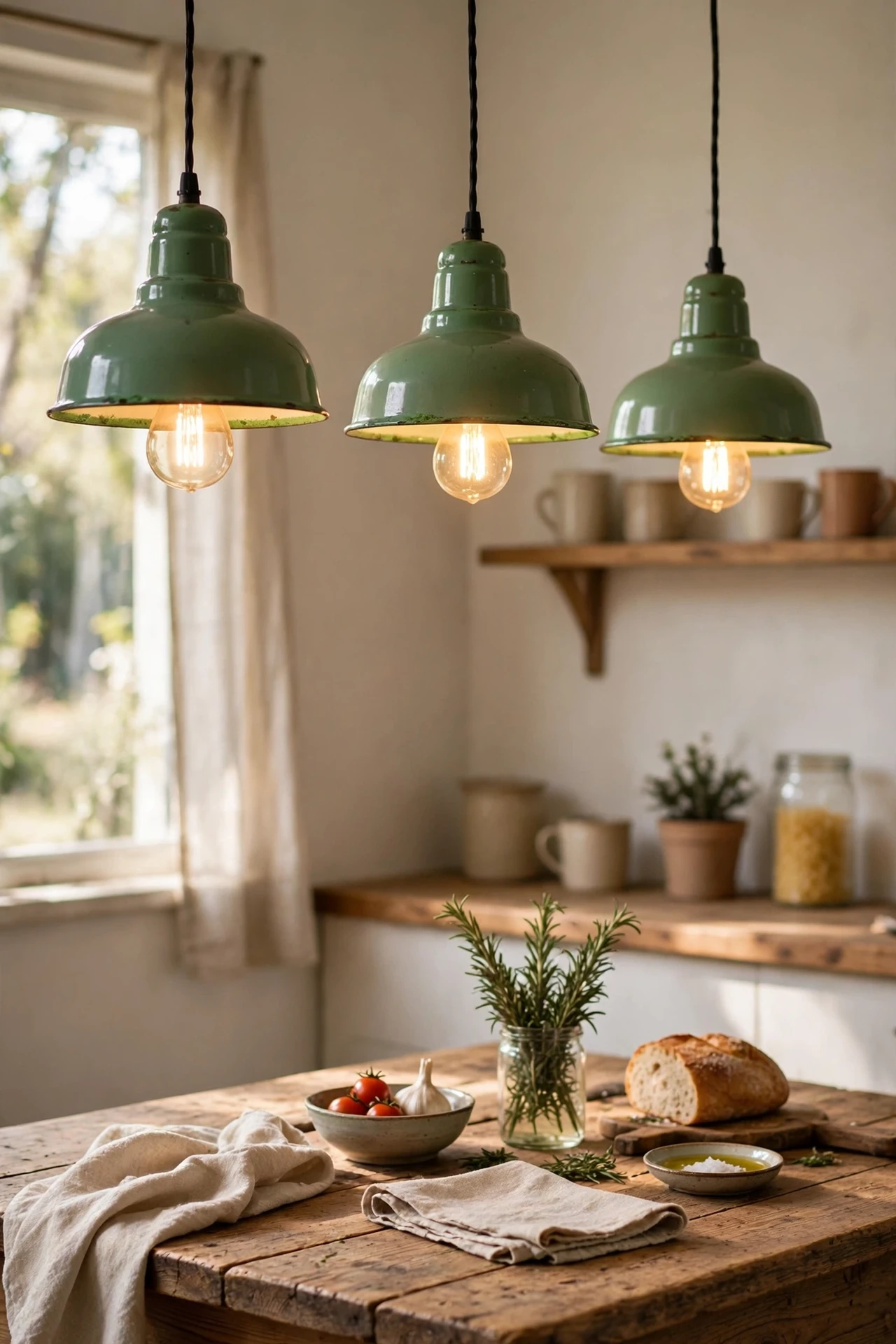 Green enamel pendant lights hanging over a rustic table