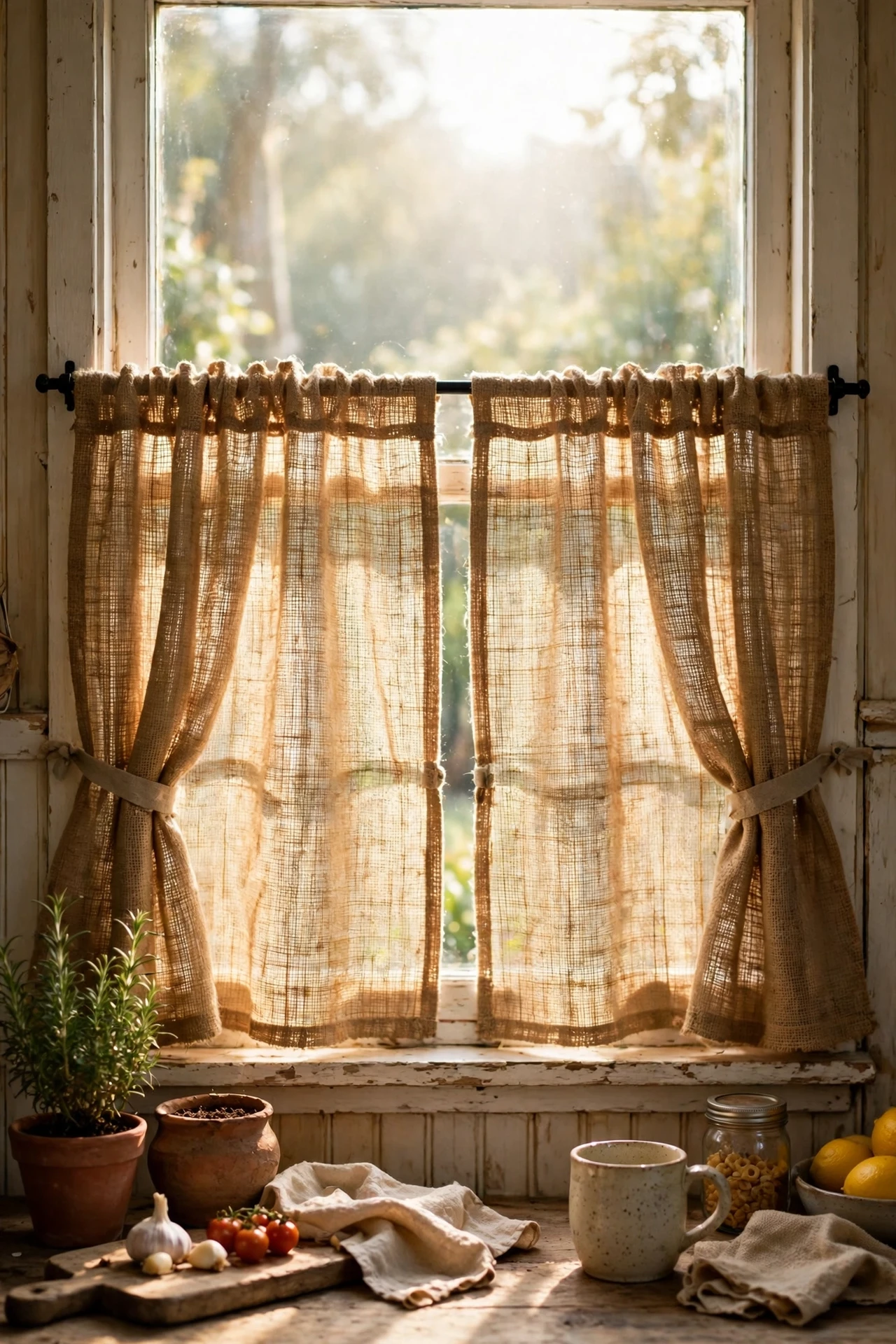 Burlap café curtains filtering light in a rustic kitchen