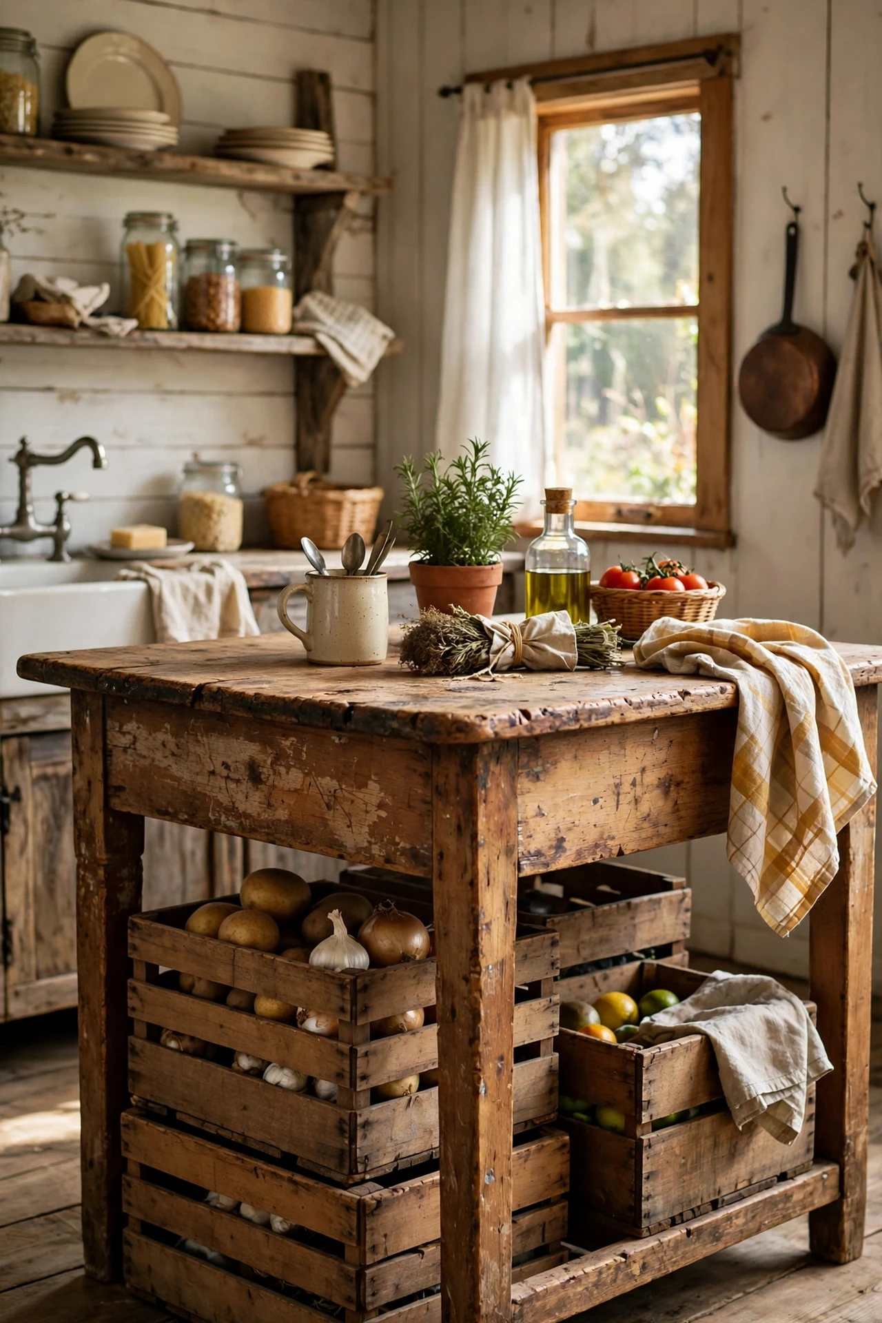 Old farmhouse table used as a rustic kitchen island
