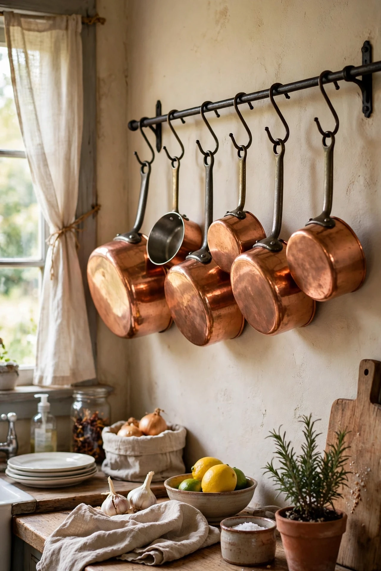 Copper pots hanging on an iron rail in a kitchen
