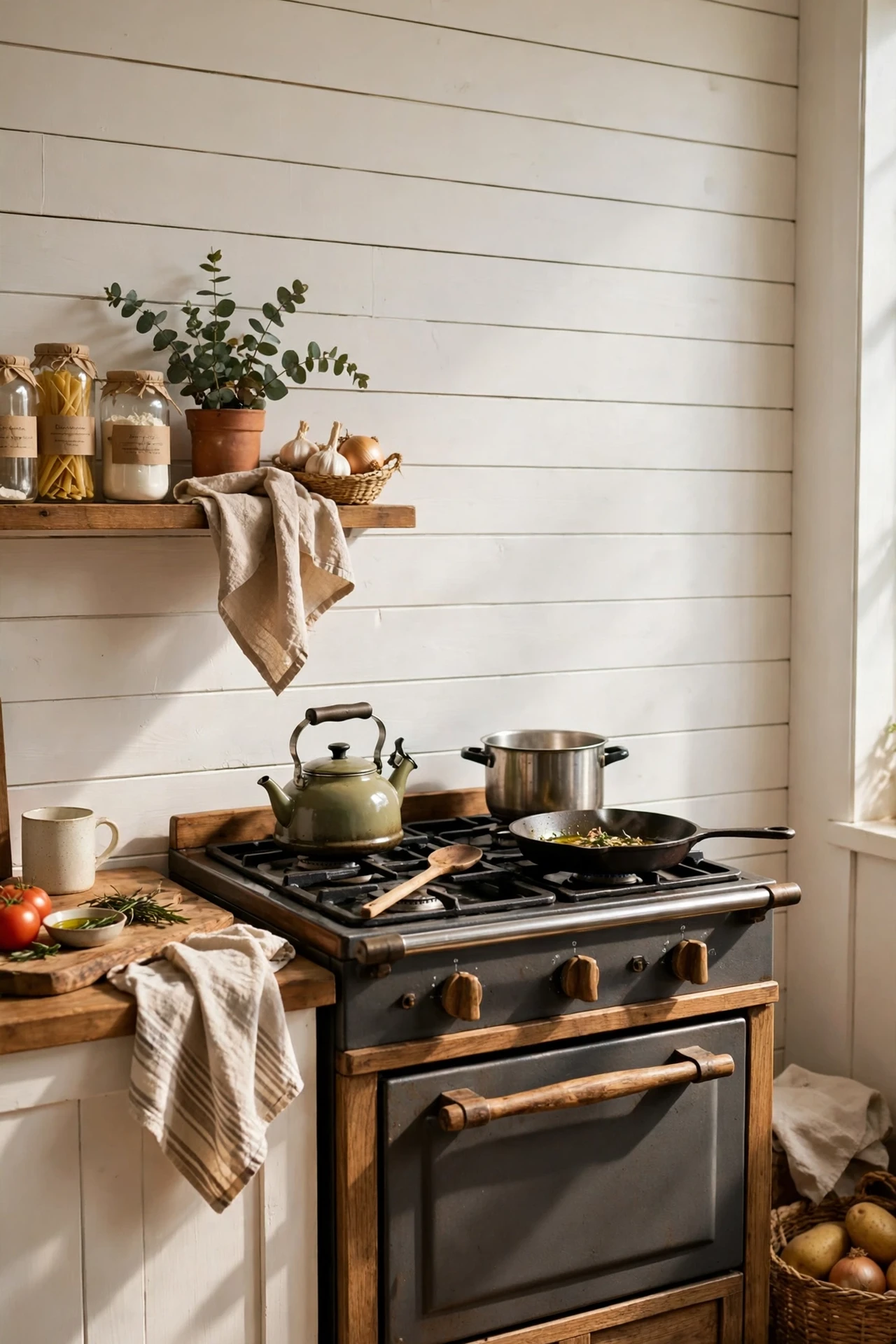 White shiplap backsplash boards behind a rustic cooker