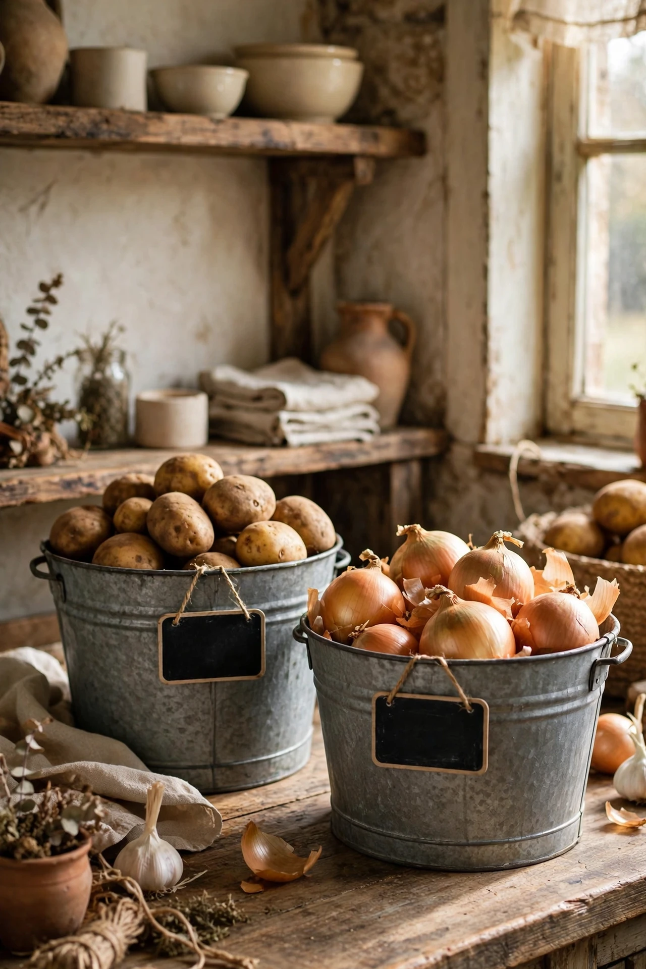 Galvanised metal bins storing potatoes in a kitchen