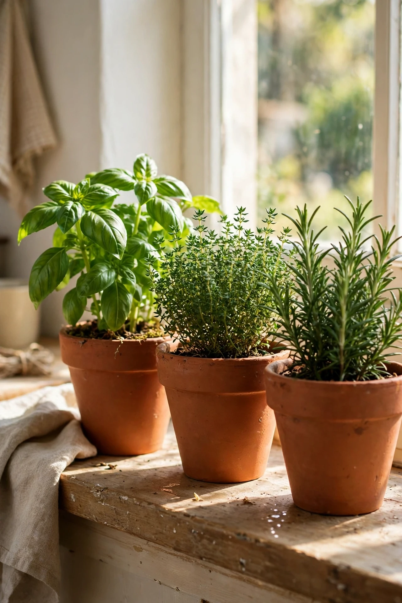 Terracotta pots with fresh herbs on a kitchen windowsill