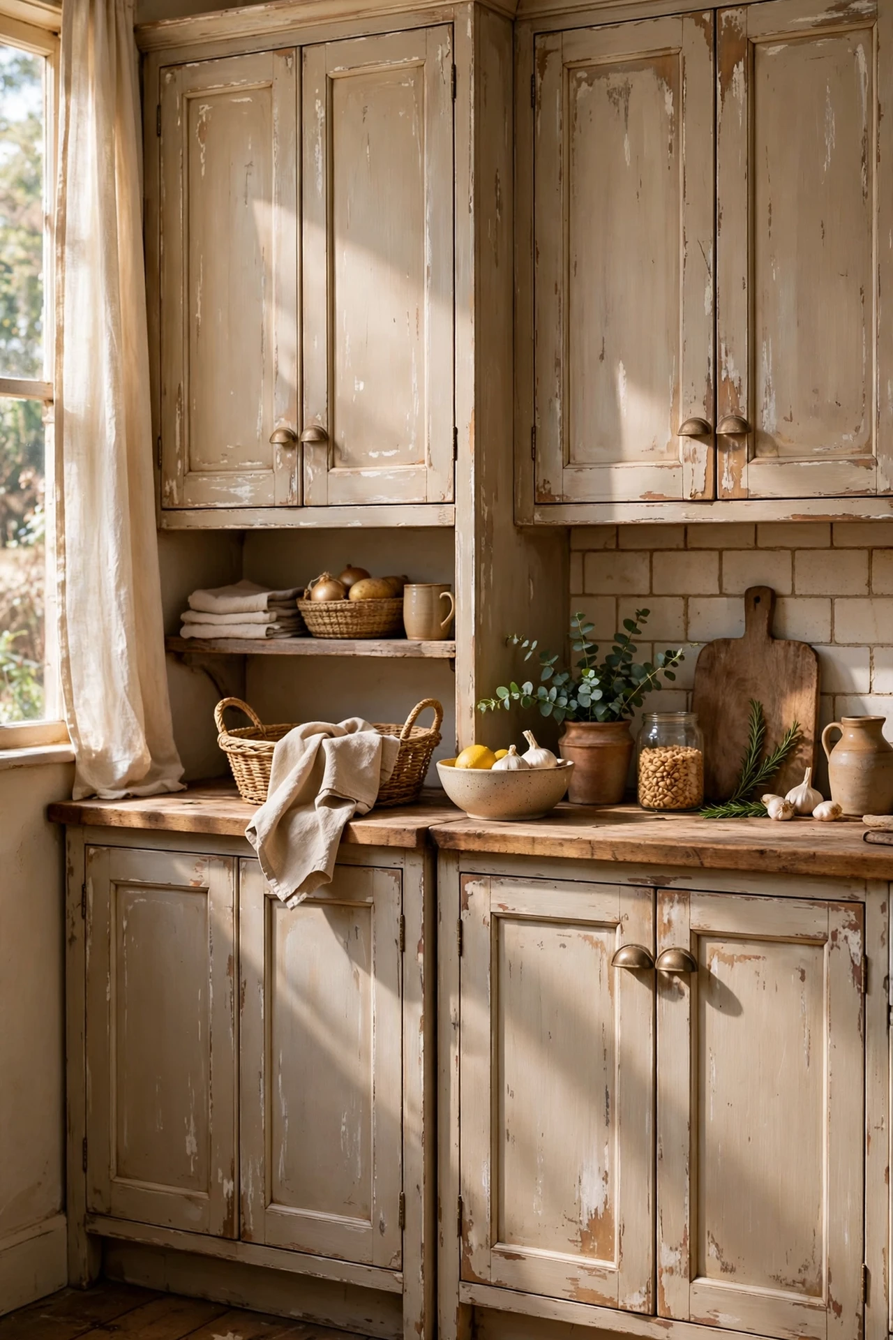 Chalk-painted cupboards in a warm rustic kitchen