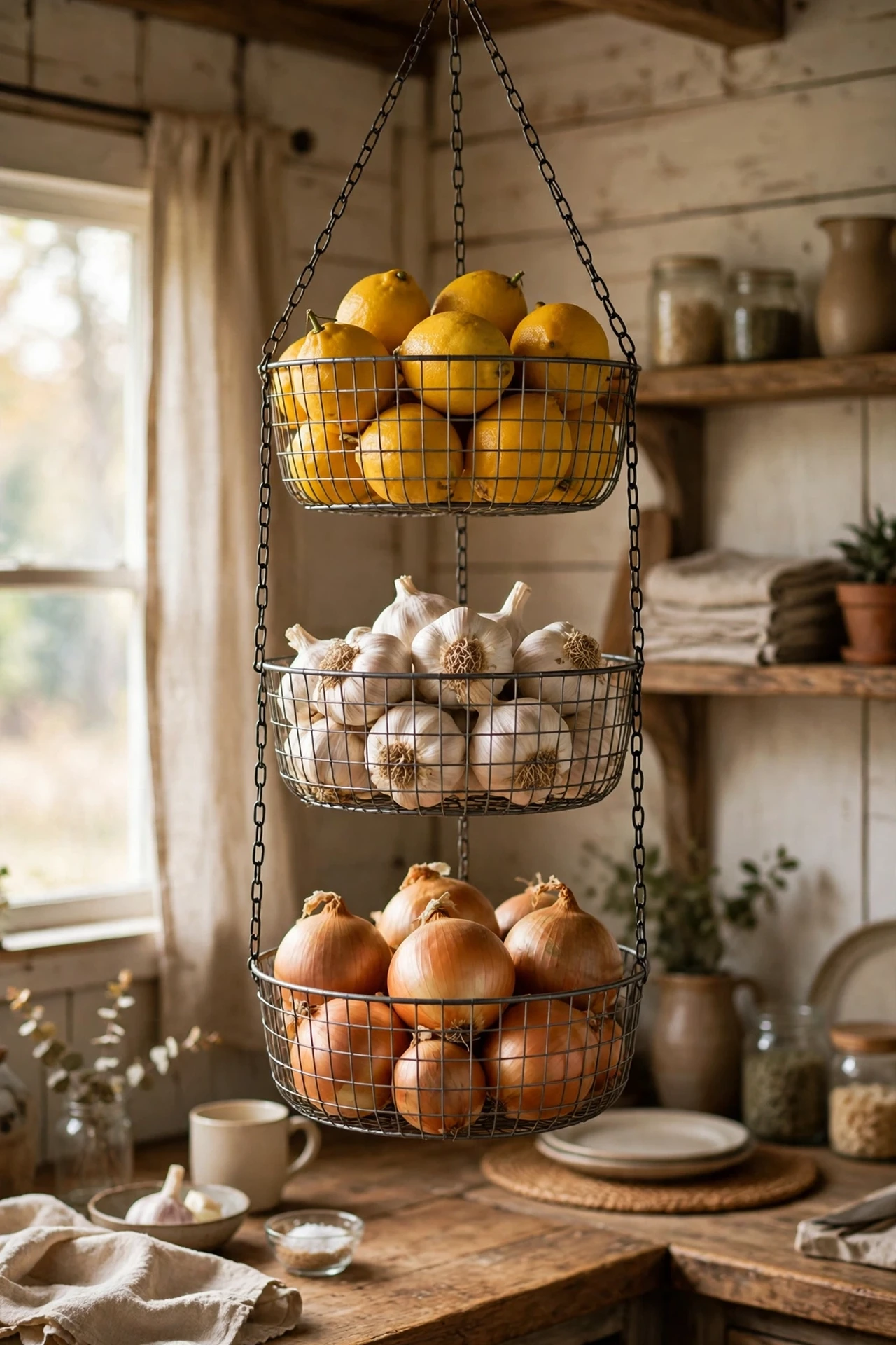 Tiered wire baskets holding vegetables in a kitchen