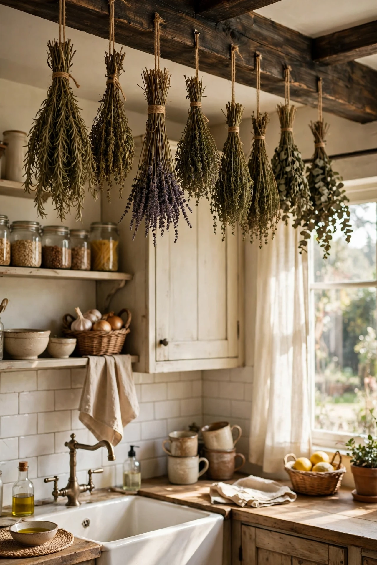 Faux wooden ceiling beam in a rustic farmhouse kitchen