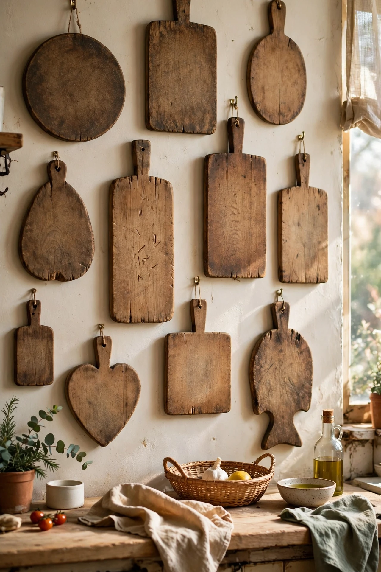 Vintage wooden cutting boards displayed on a kitchen wall