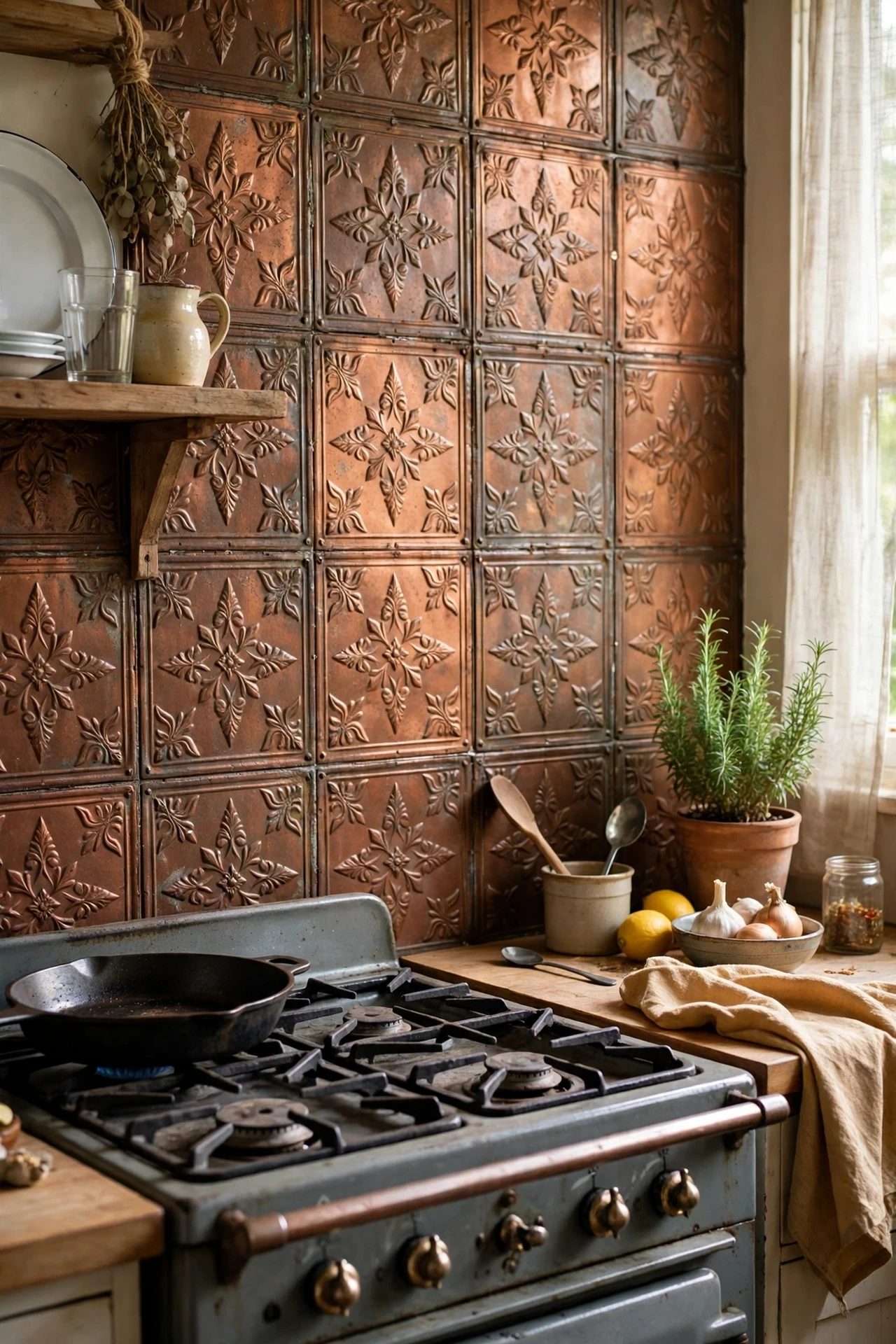 Pressed tin backsplash panels behind a rustic kitchen cooker