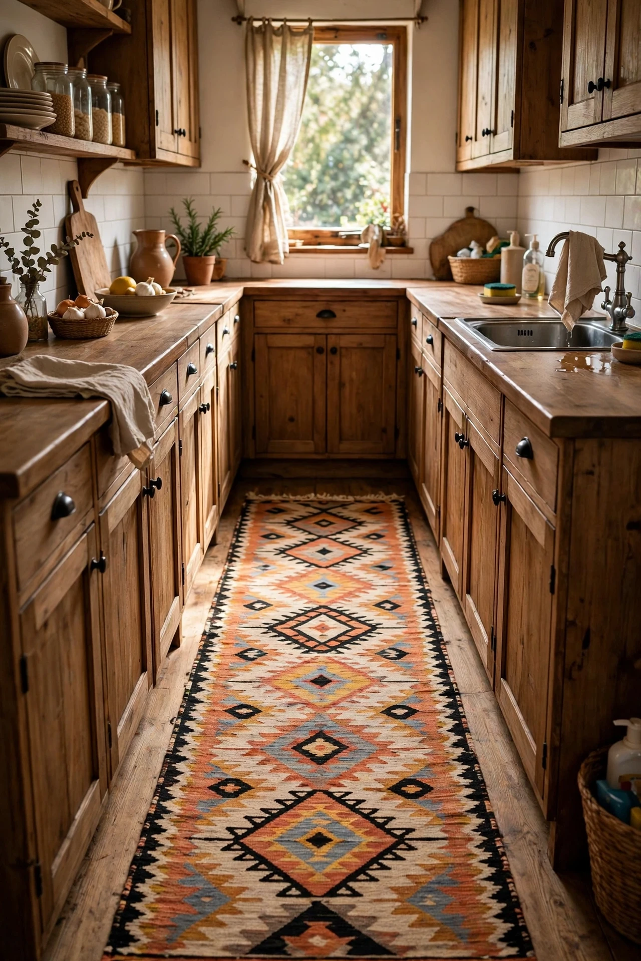 Kilim-style runner rug in a rustic galley kitchen