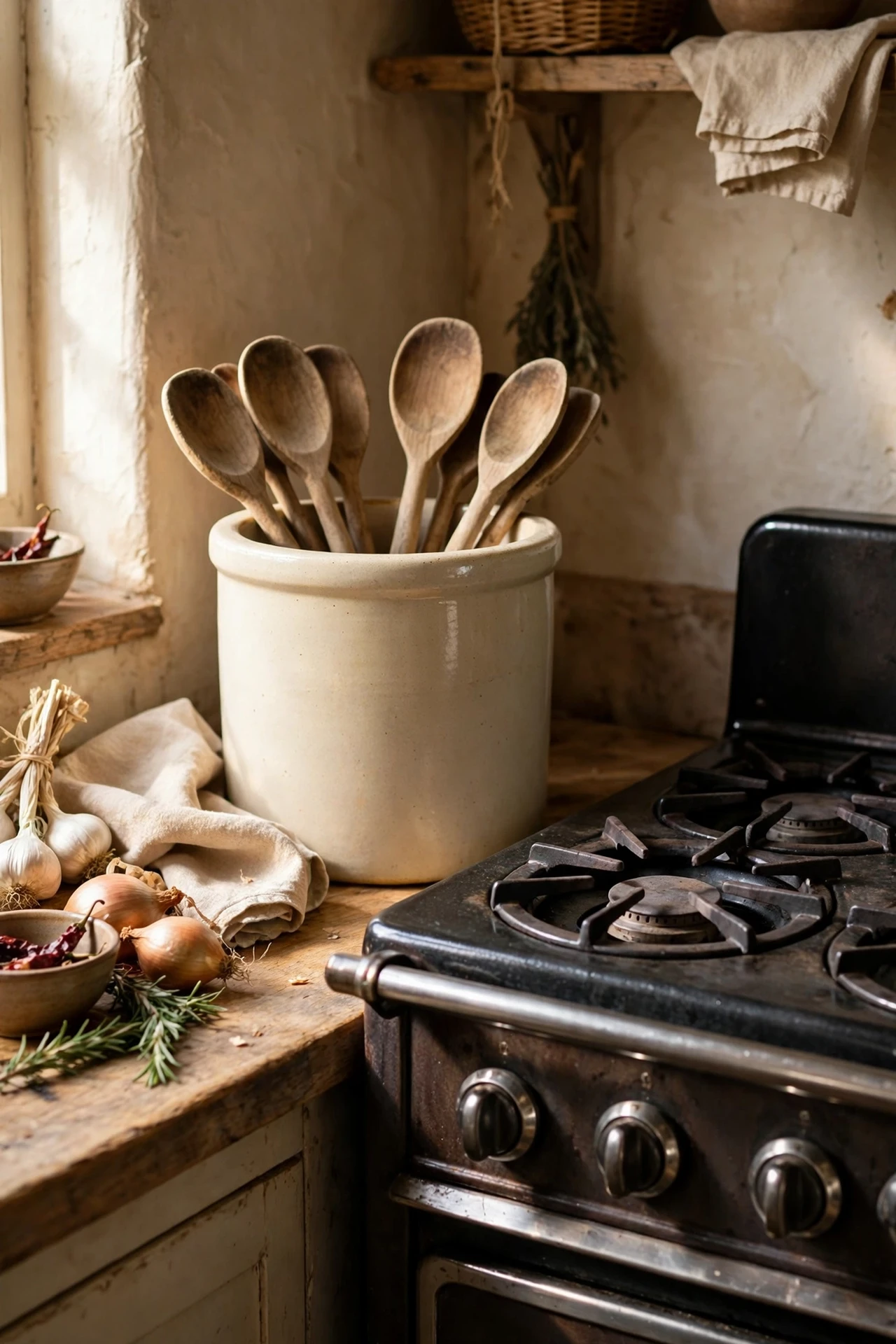 Stoneware crock holding wooden utensils by the cooker