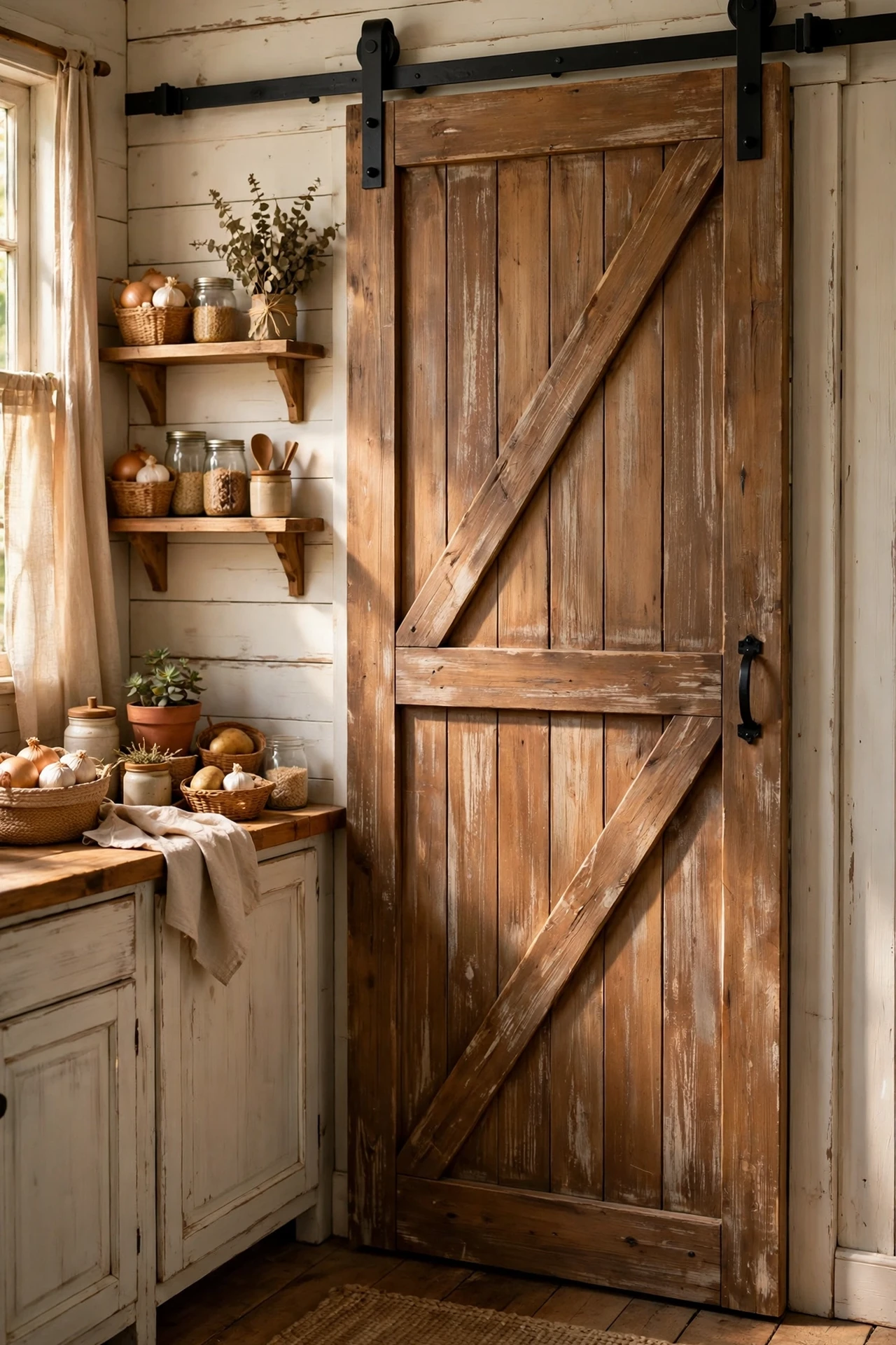 Sliding barn door covering a rustic kitchen pantry