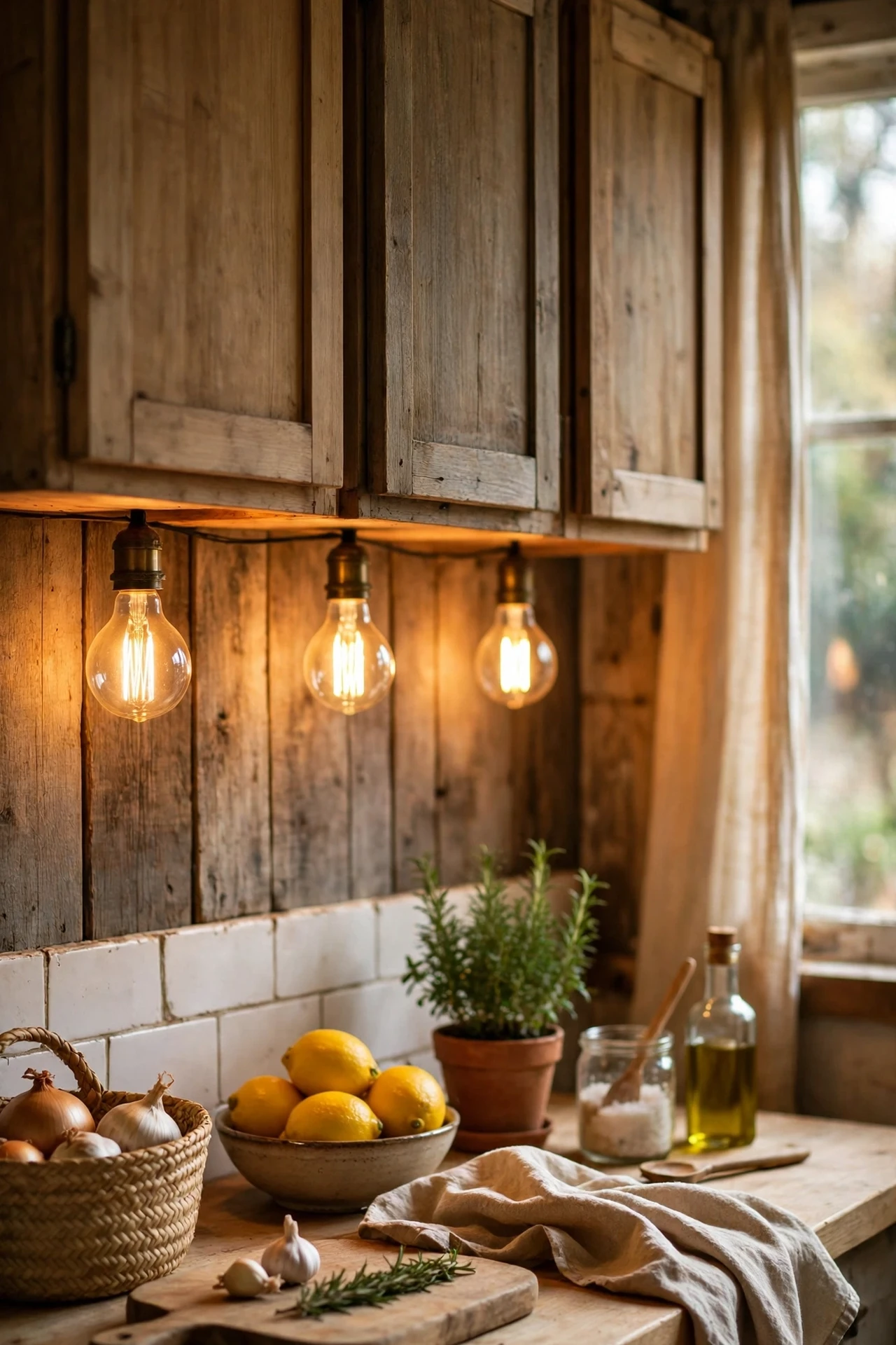 Edison bulbs glowing under rustic kitchen wall cabinets
