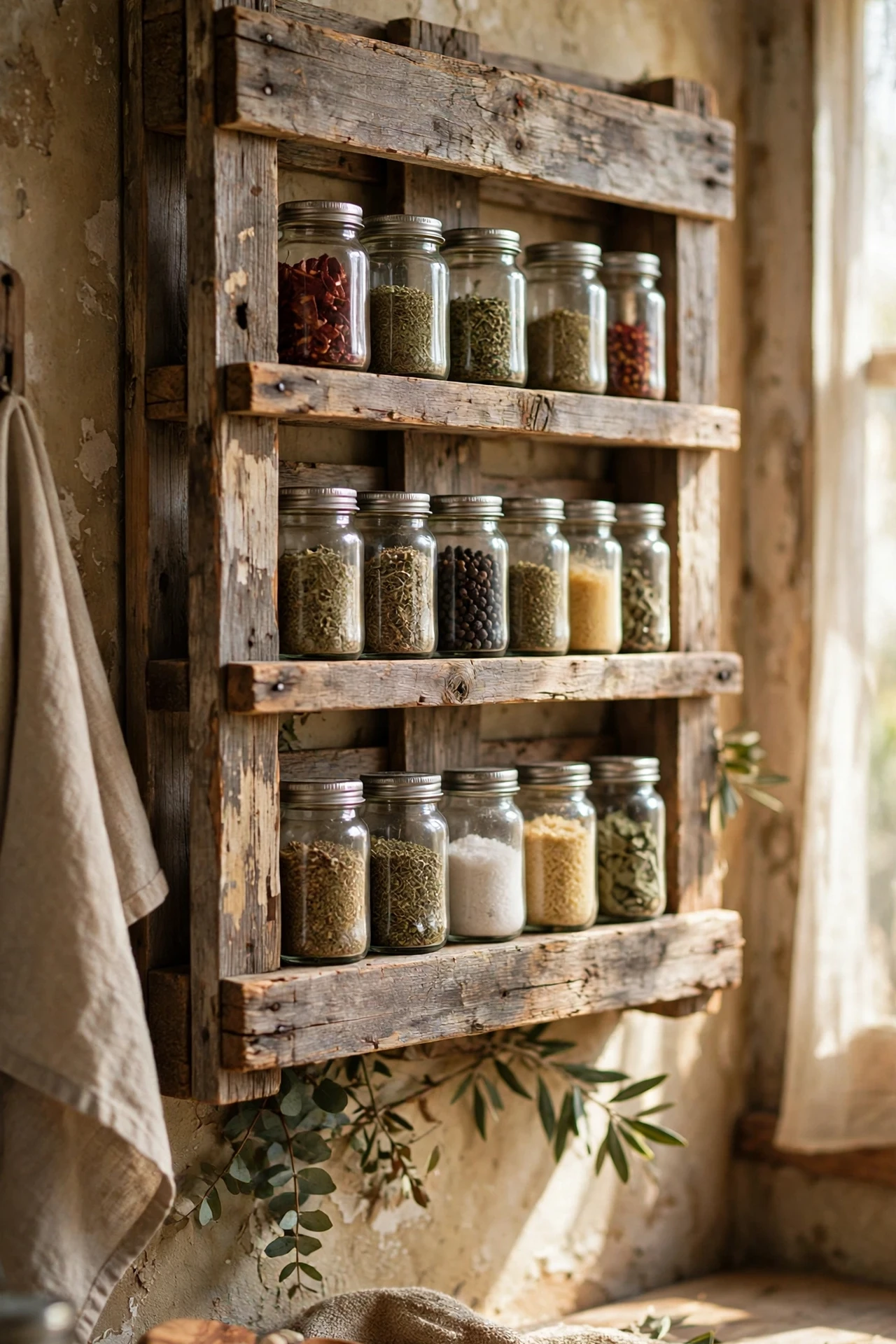 Weathered wood spice rack with jars on a kitchen wall