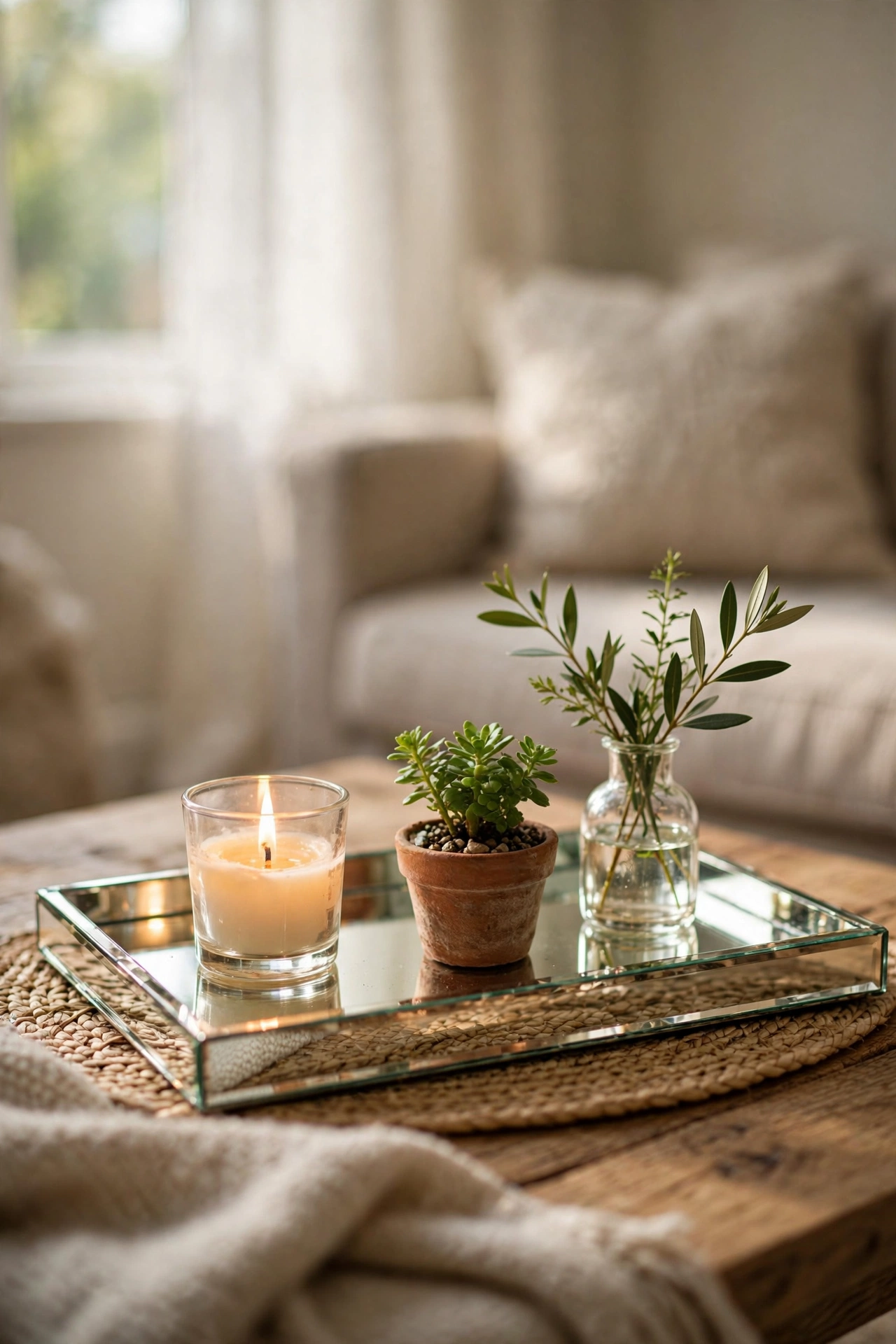Mirrored tray styled with candle and small plant, dollar store living room decor