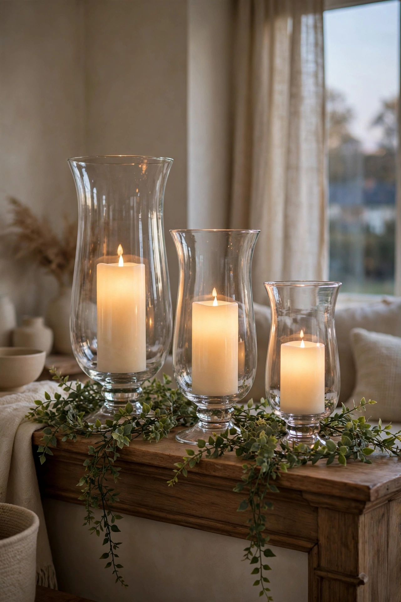 Glass hurricane vases with flameless candles on living room mantel