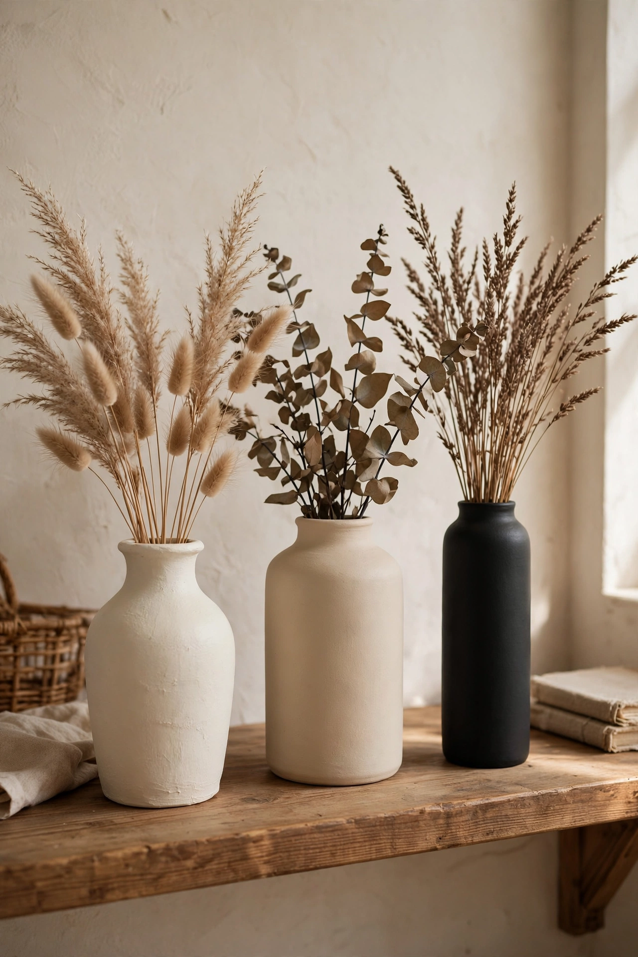 Spray painted matte ceramic vases in cream and black on shelf