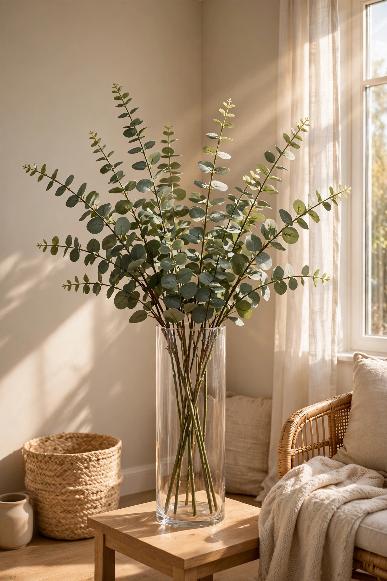 Faux eucalyptus stems in tall glass vase in living room corner