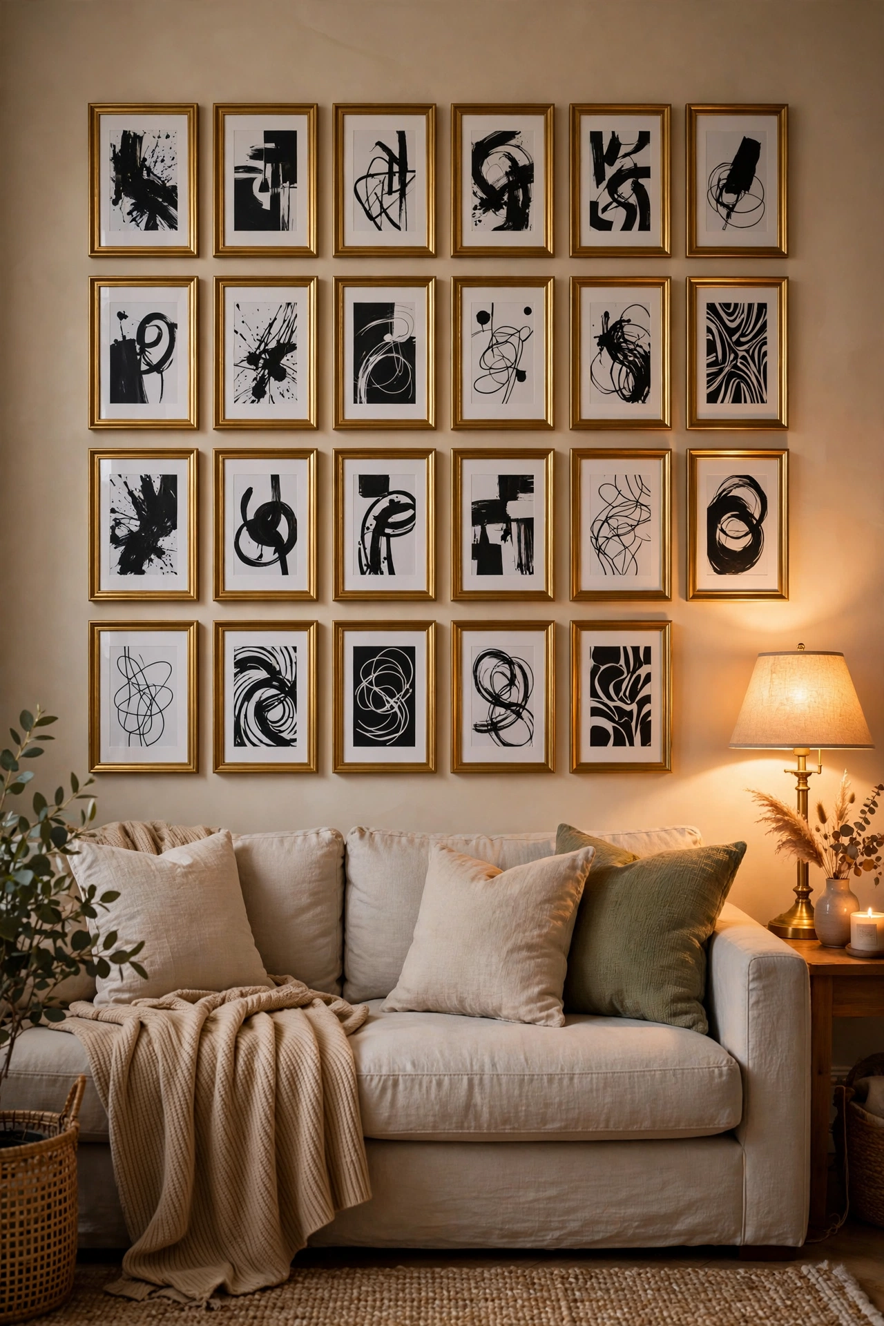 Gold frame gallery wall with black and white art prints