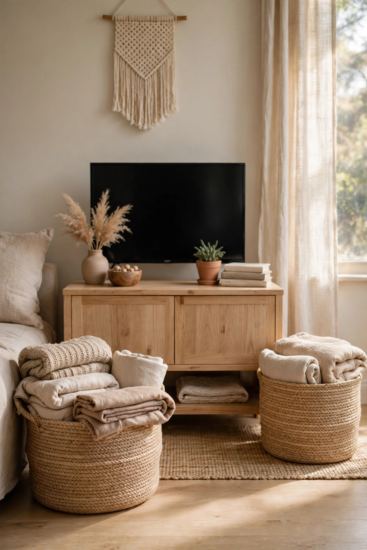 Woven seagrass baskets storing throw blankets by TV console