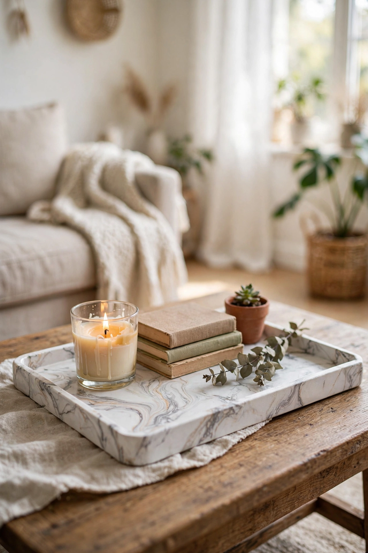 DIY marble contact paper tray on coffee table with candle