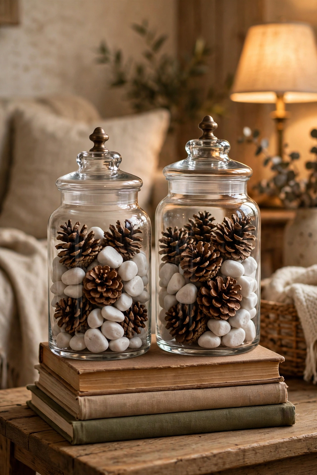 Glass apothecary jars filled with pinecones on side table