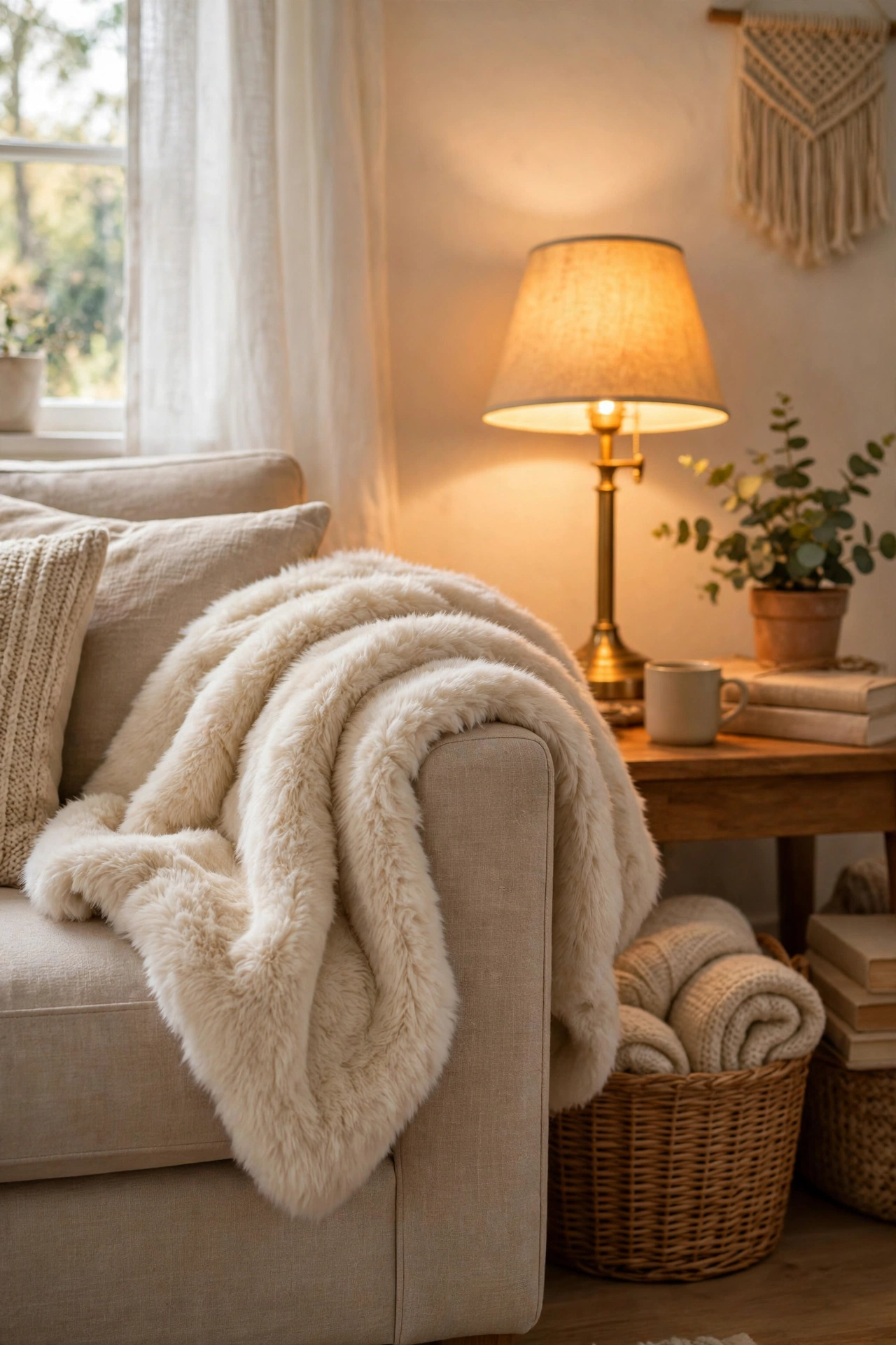 Faux fur throw draped over sofa arm in cozy living room