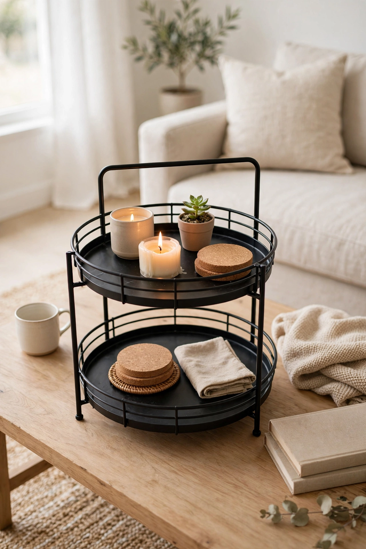 Two-tiered tray styled centerpiece on living room coffee table