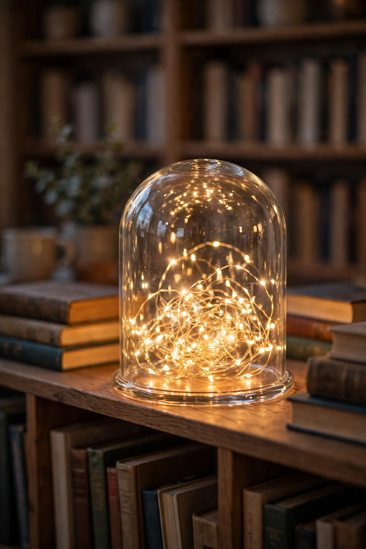 Fairy lights glowing inside glass cloche on bookshelf