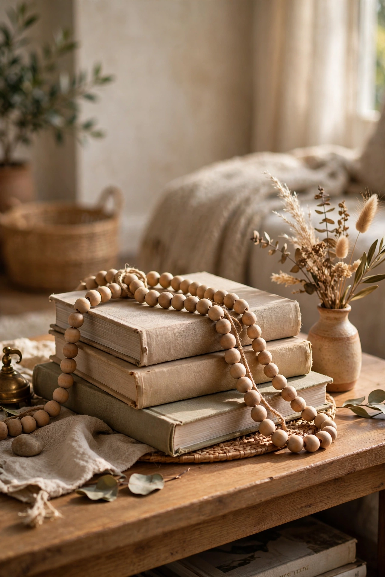 Wood bead garland draped over books on living room console