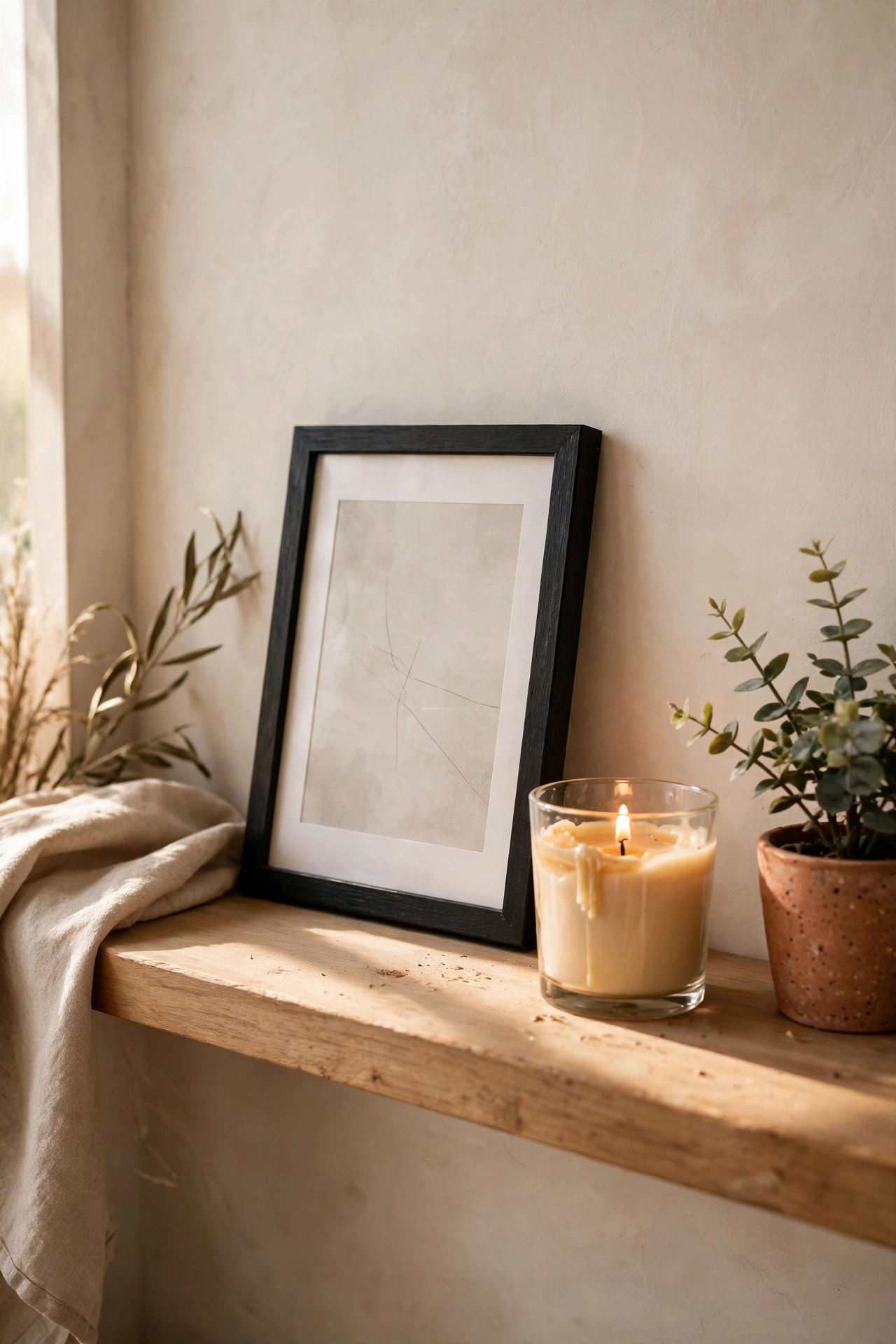 Small framed quote art leaning on living room shelf