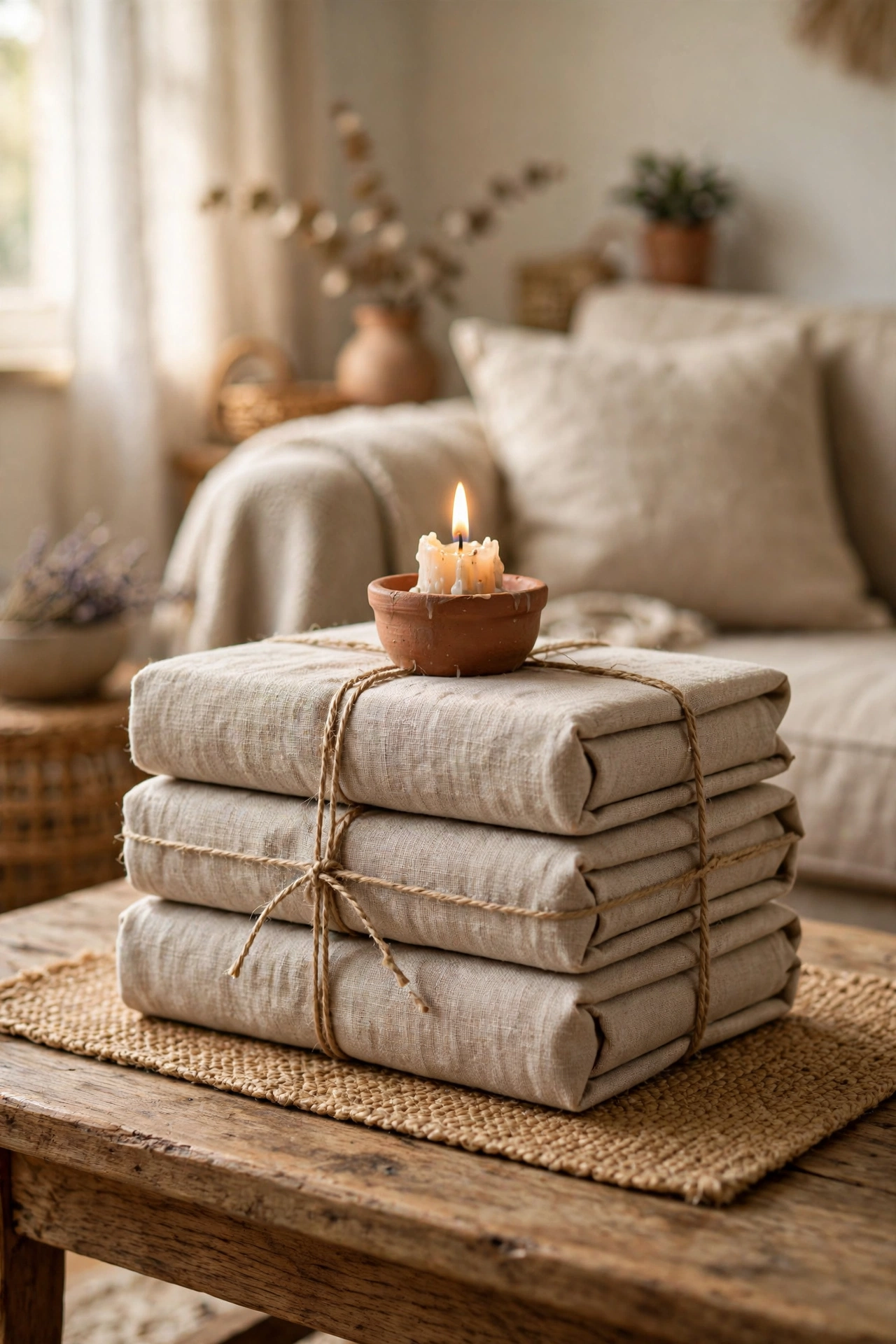 Stack of DIY linen-wrapped decorative books under candle