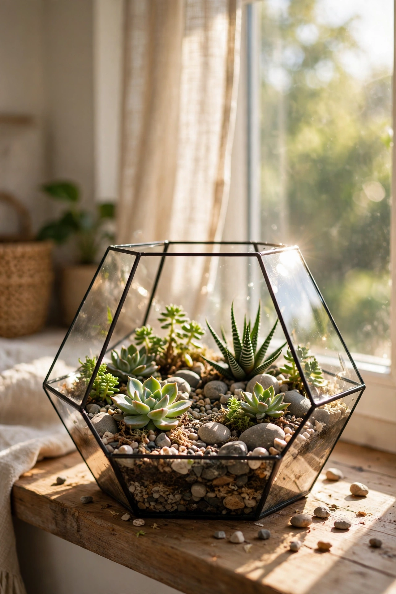 Glass geometric terrarium with succulents on windowsill