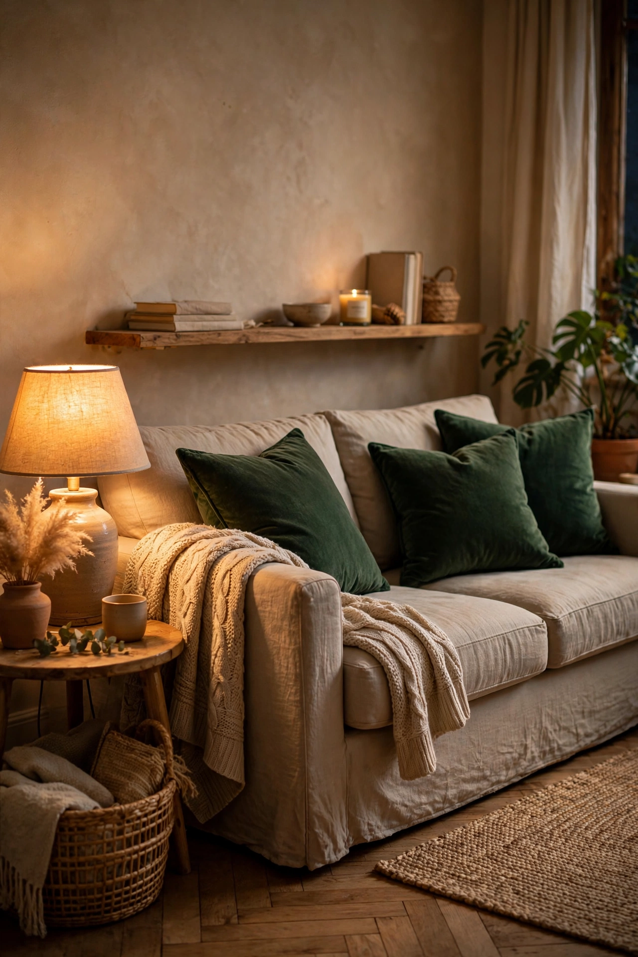 Deep green velvet pillow covers on neutral living room sofa