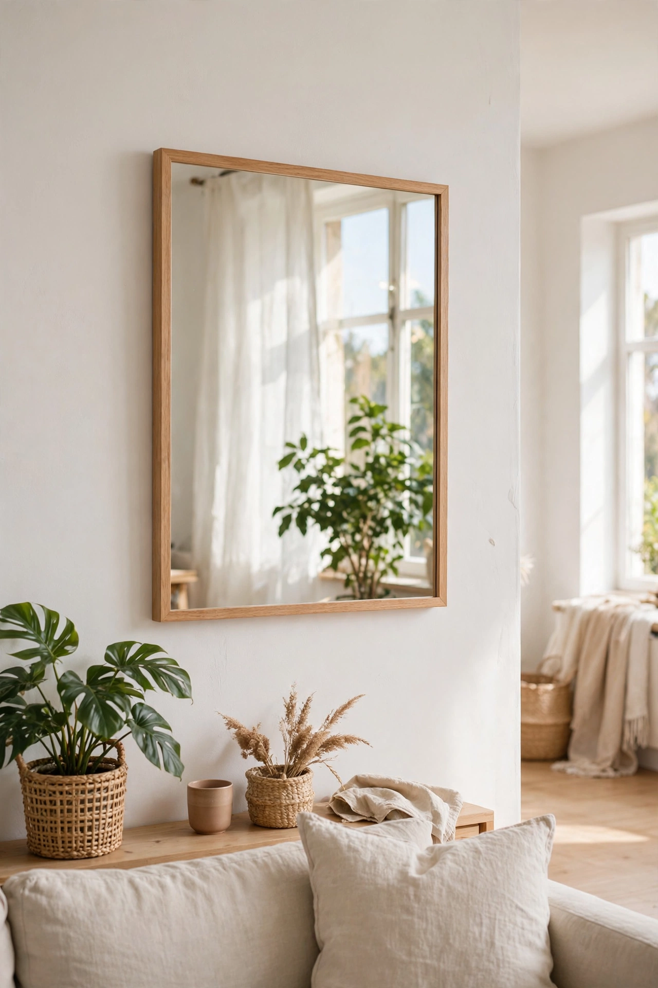 Simple framed wall mirror hung opposite living room window