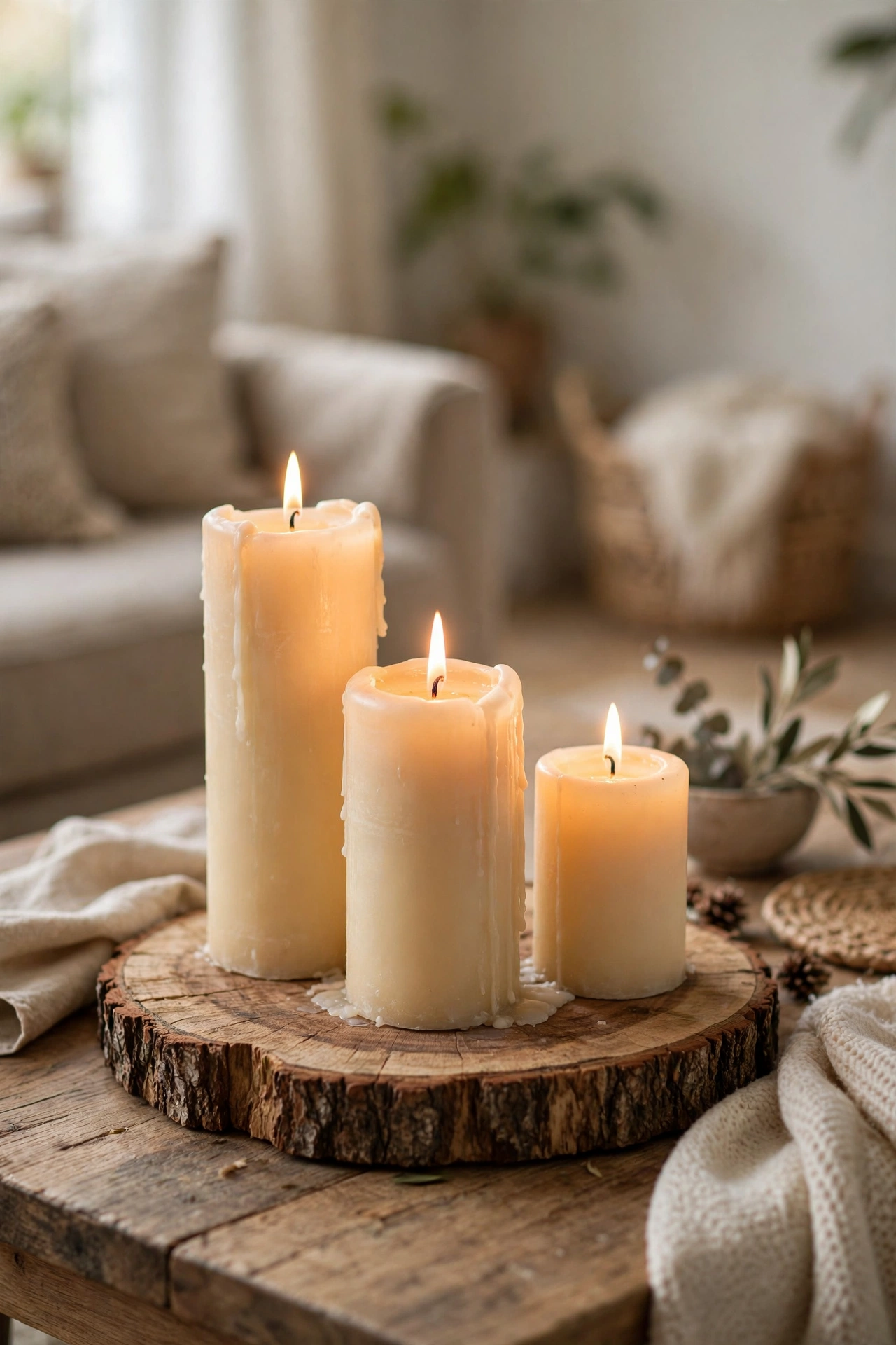 Three pillar candles on wood slice centerpiece