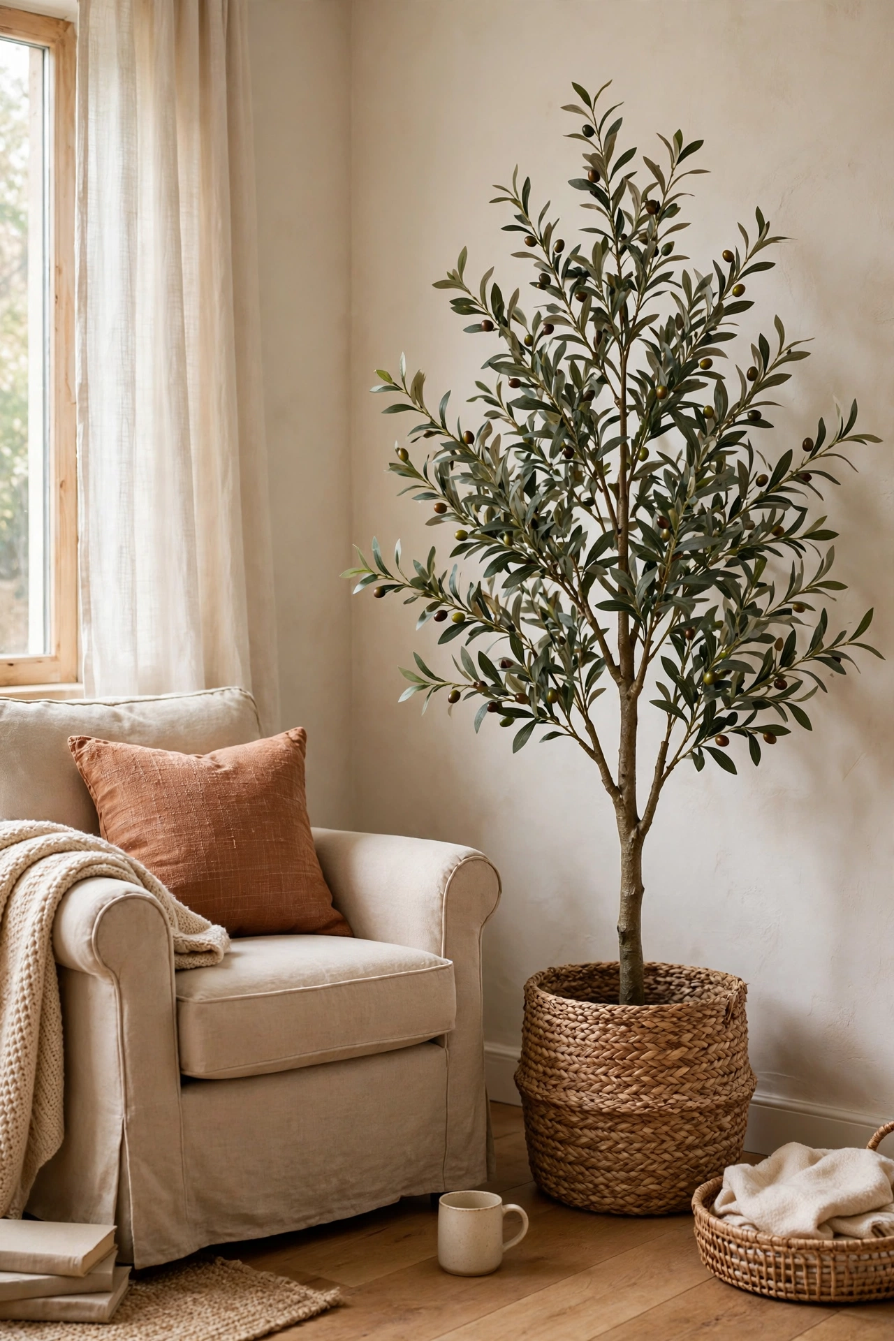 Faux olive tree in woven basket in living room corner