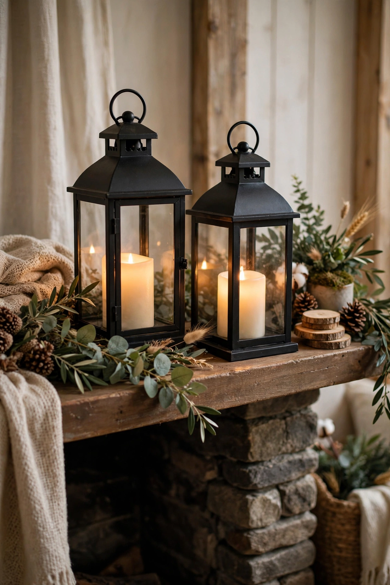Black metal lanterns with candles on fireplace mantel