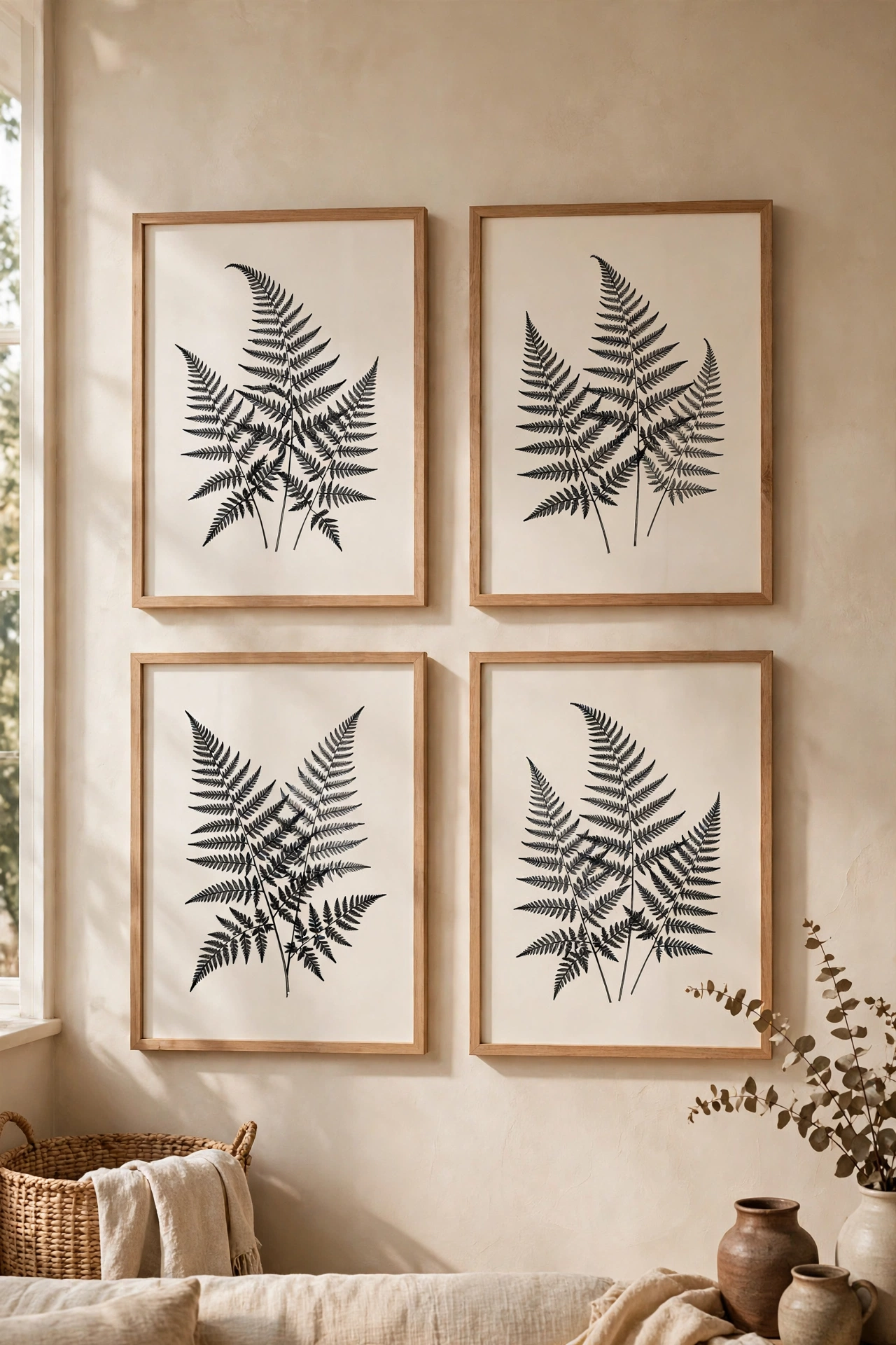 Gallery of framed botanical fern prints in hallway