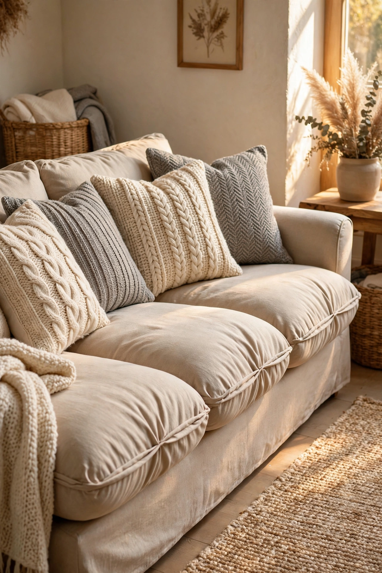 Textured knit throw pillows on styled living room sofa