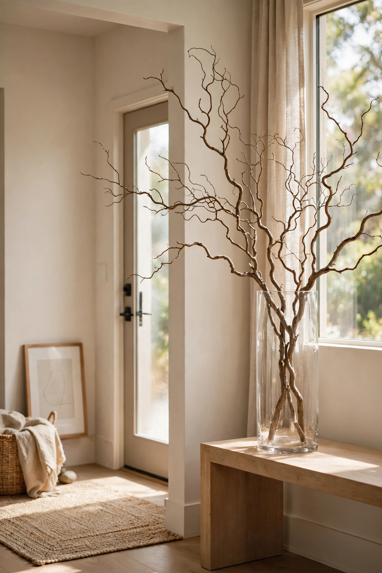 Tall glass vase with bare branches by front door