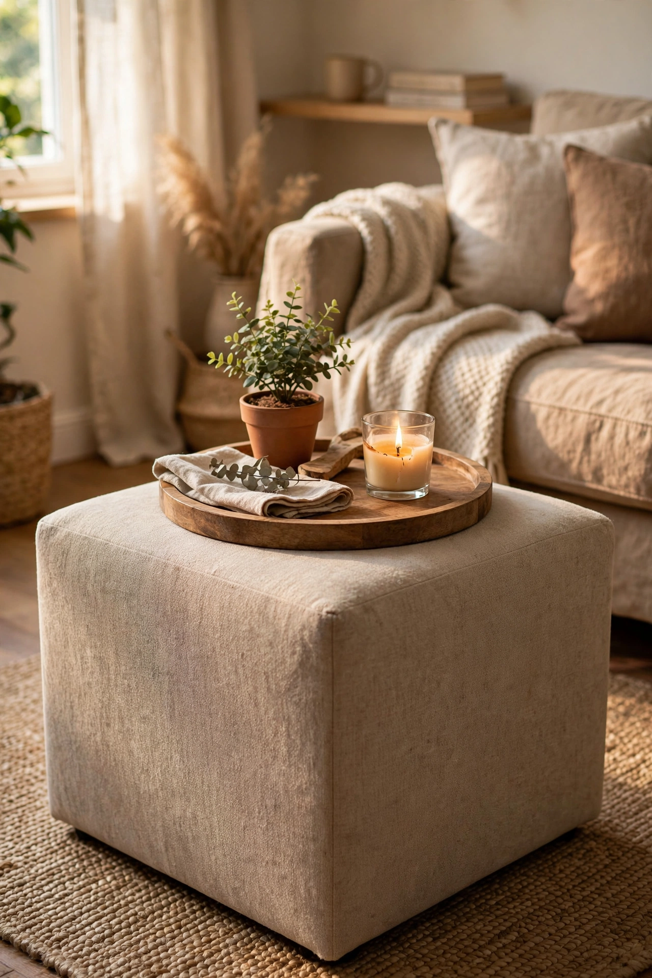 Wooden tray styling an ottoman coffee table