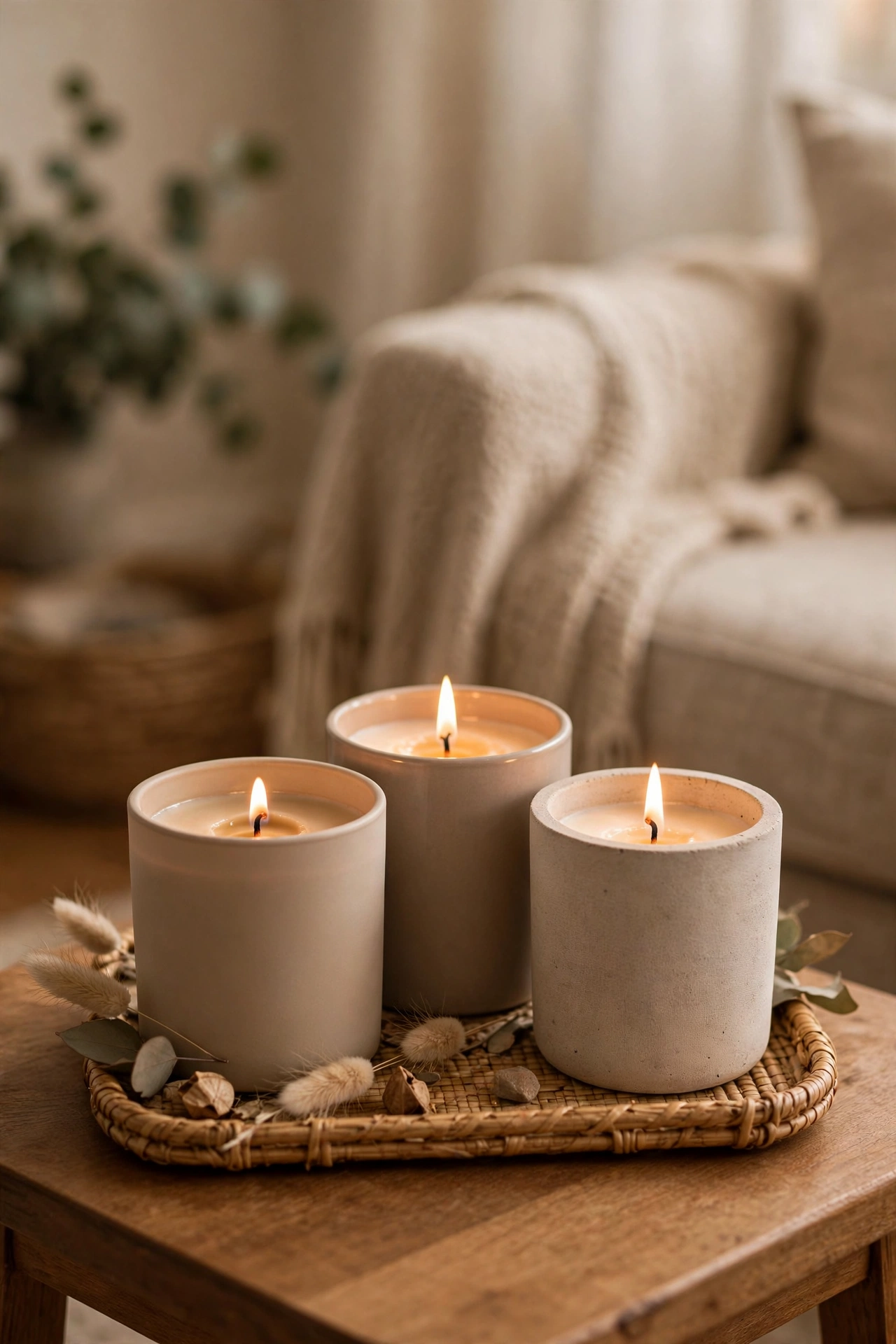 Trio of unlabeled scented candles grouped on small tray