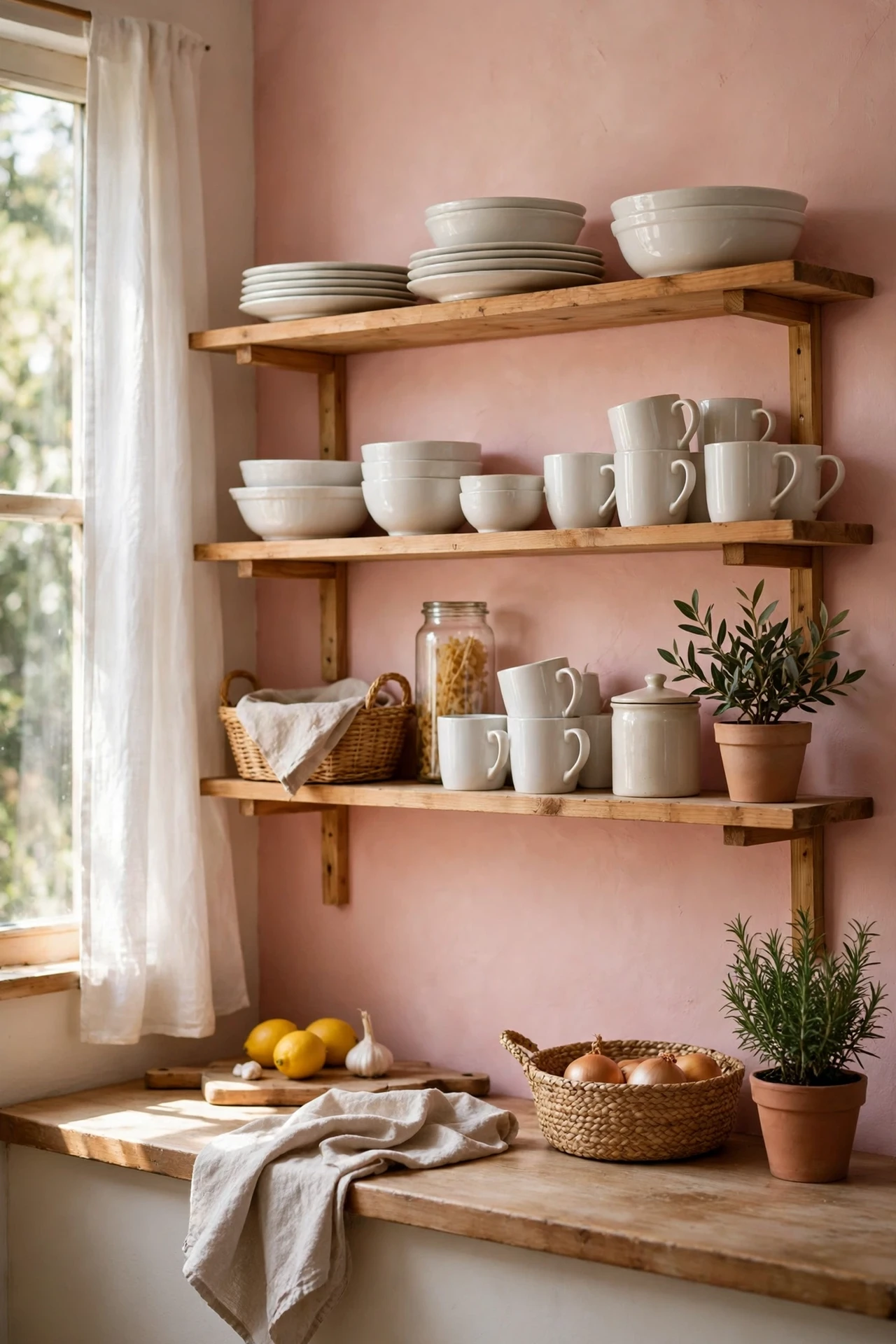 Blush Pink feature wall behind open shelves in a kitchen