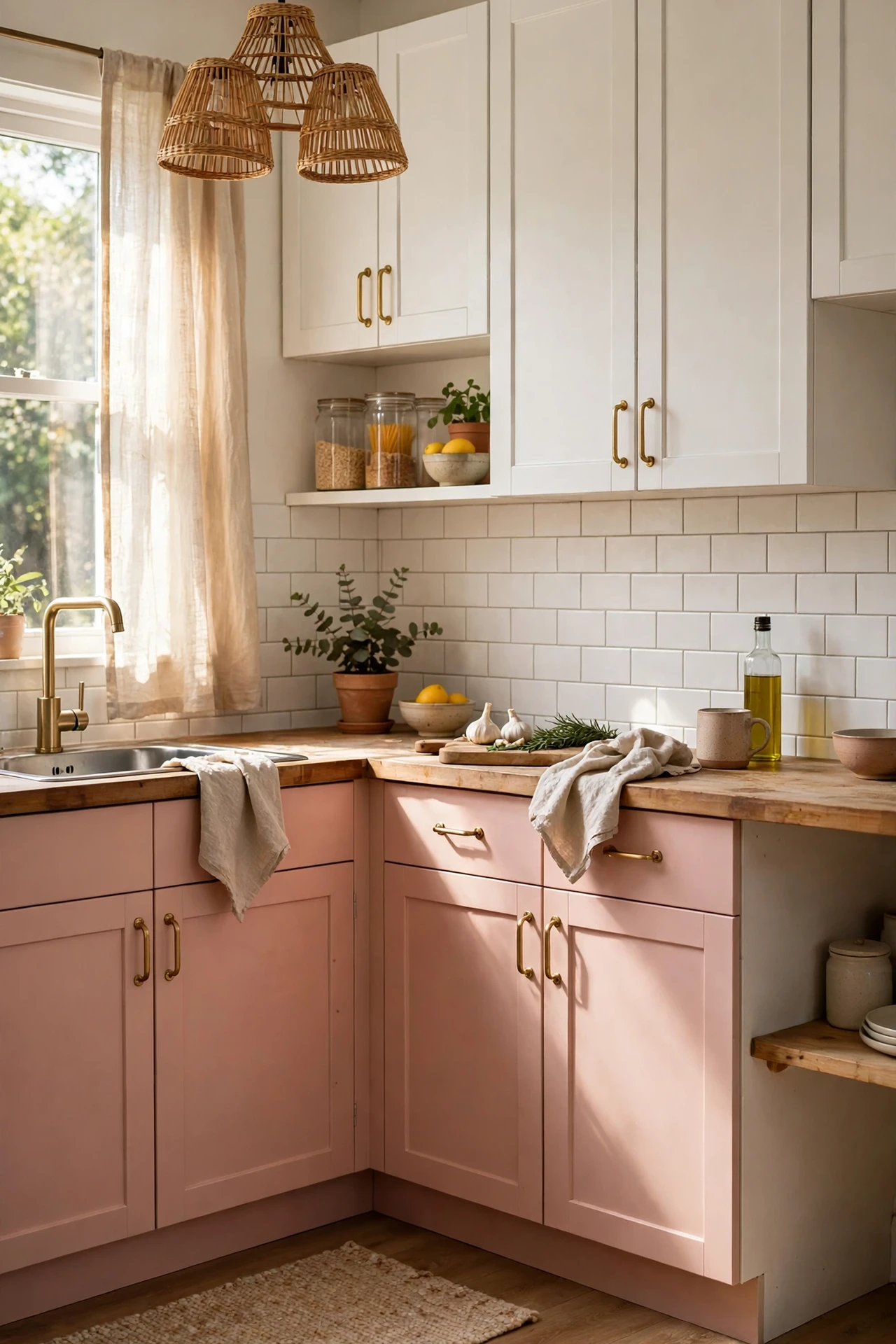 Blush Pink lower cabinets with white uppers in a kitchen