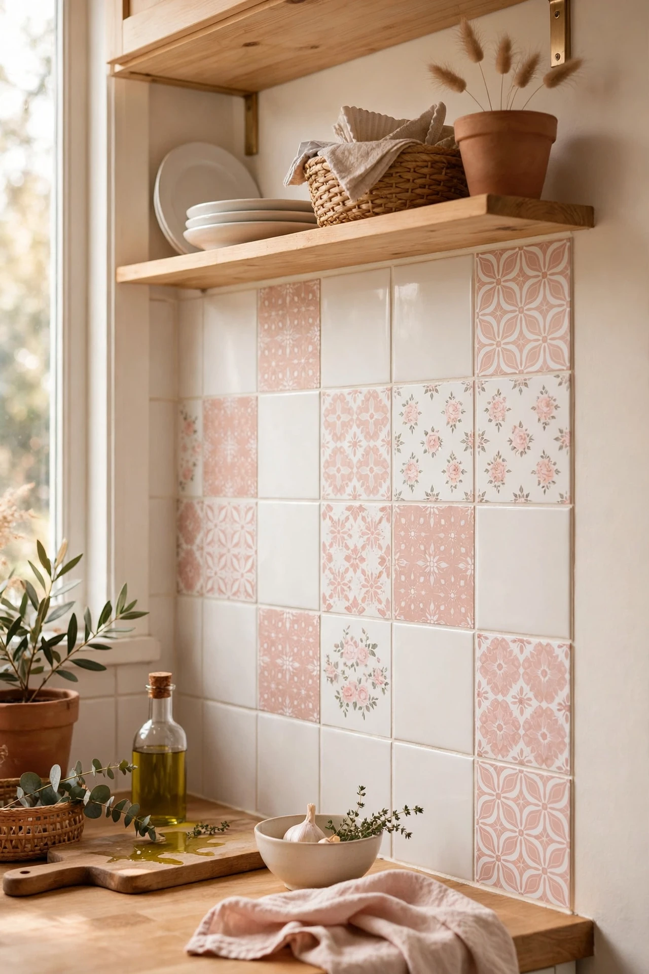 Blush Pink patterned tile decals on a kitchen backsplash